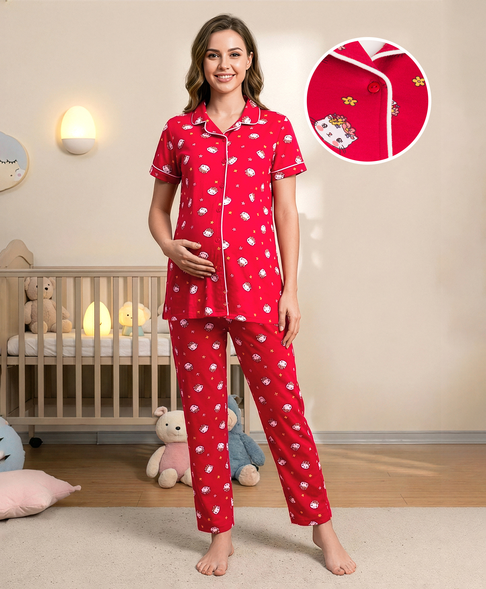 Bella Mama Cotton Knit Half Sleeves Nursing Night Suit With Kitty Print - Red-image-42
