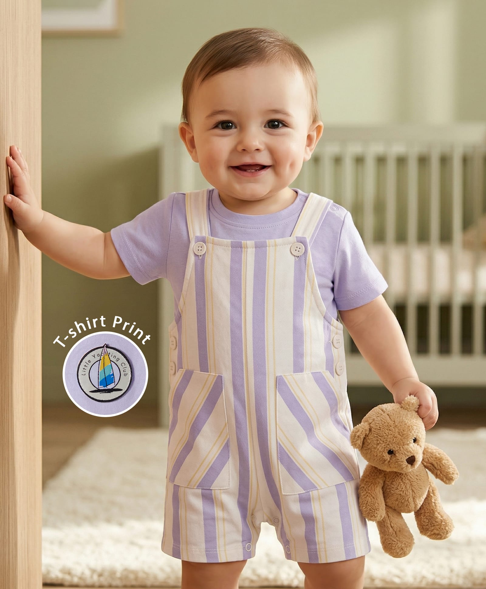 Babyoye 100% Cotton Knit Striped Dungaree & Half Sleeves Inner Tee - White & Purple-image-49