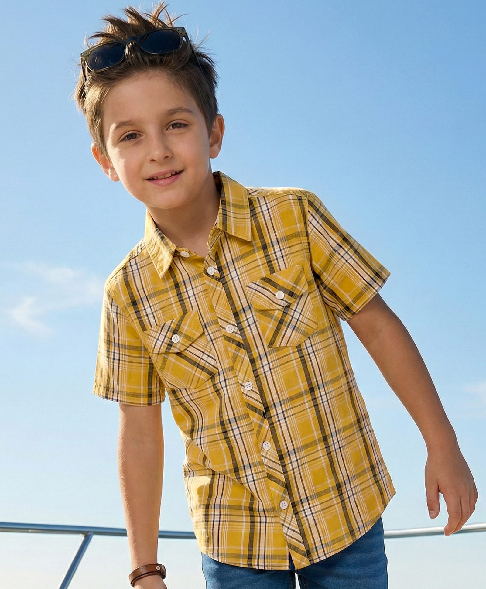 Pine Kids Cotton Woven Half Sleeves Checks Shirt - Yellow-image-6
