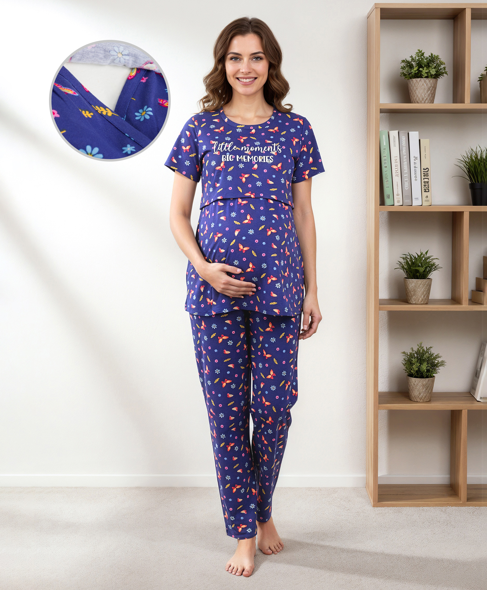 Bella Mama Cotton Knit Half Sleeves Nursing Night Suit With Floral & Butterfly Print - Royal Blue-picture-45