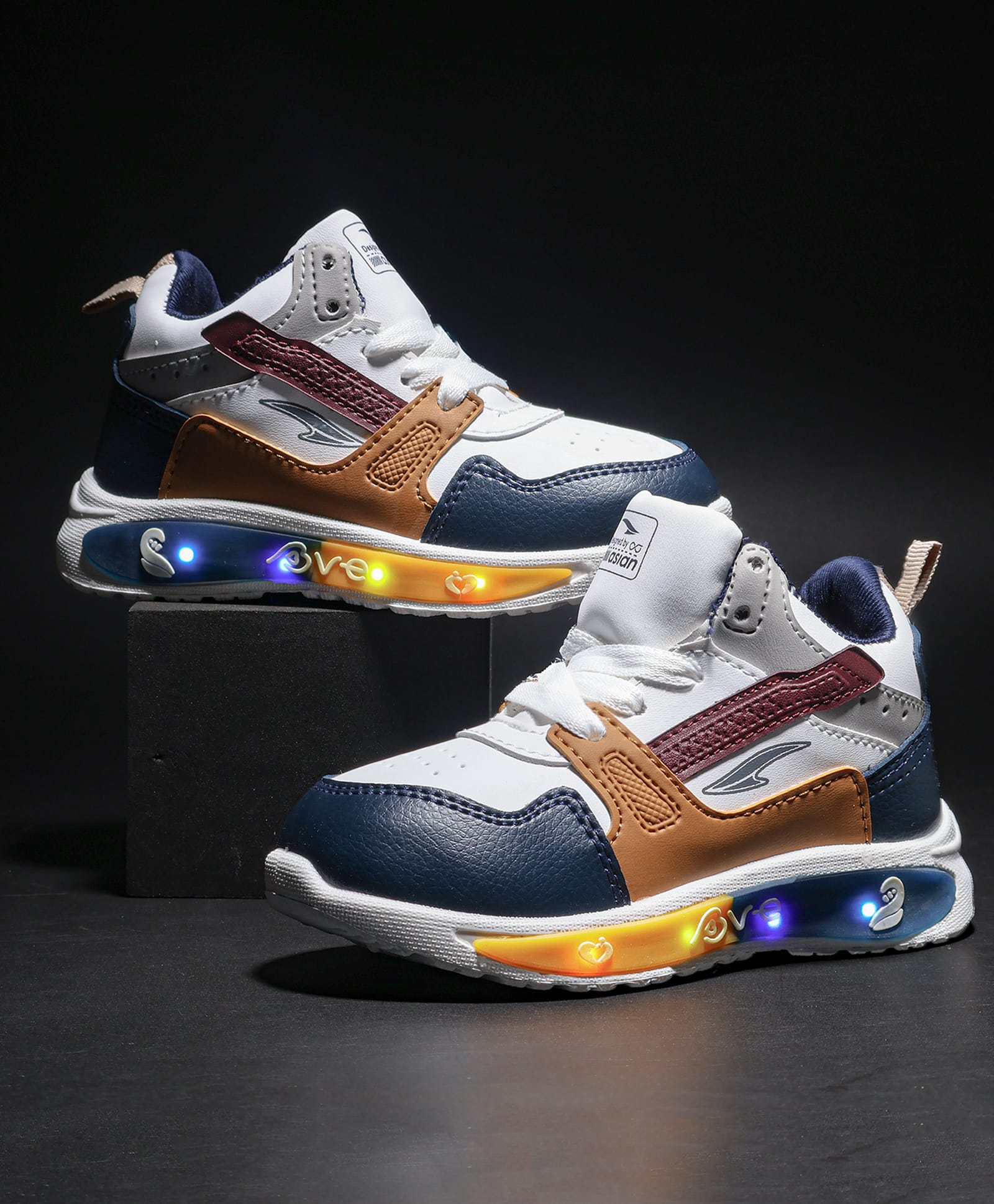 asian Colour Blocked Lace Up LED Shoes - Navy Blue & Mustard-image-40