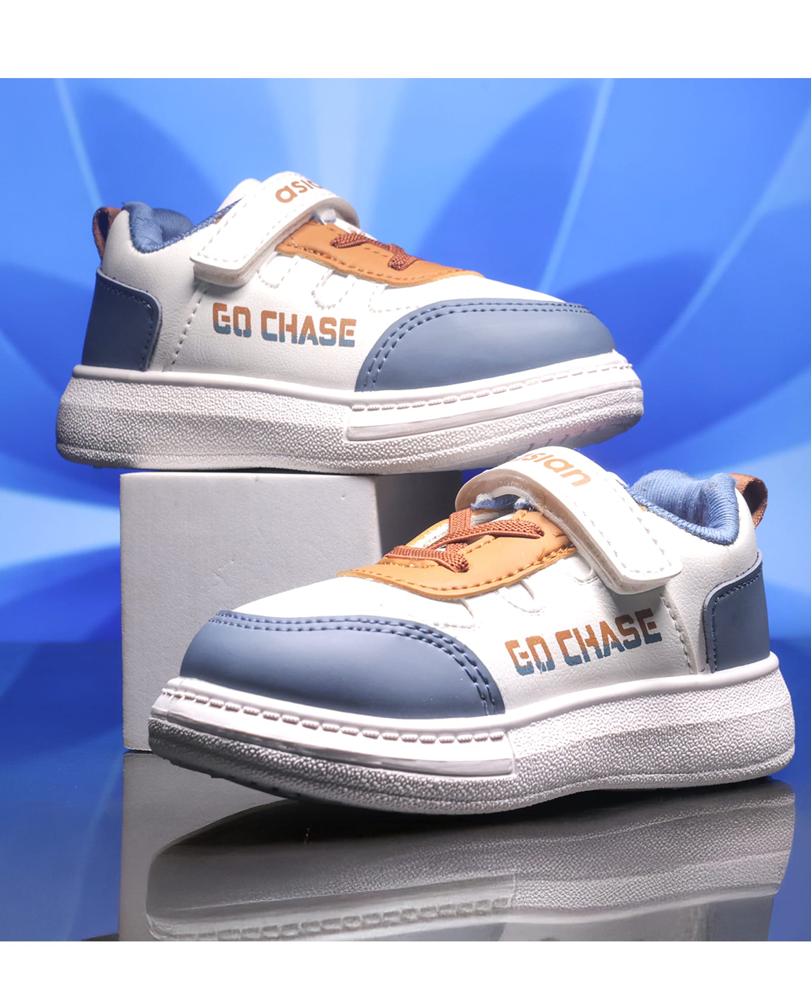 asian Colour Blocked Go Chase Text Printed Velcro Closure Shoes - White & Tan-picture-24