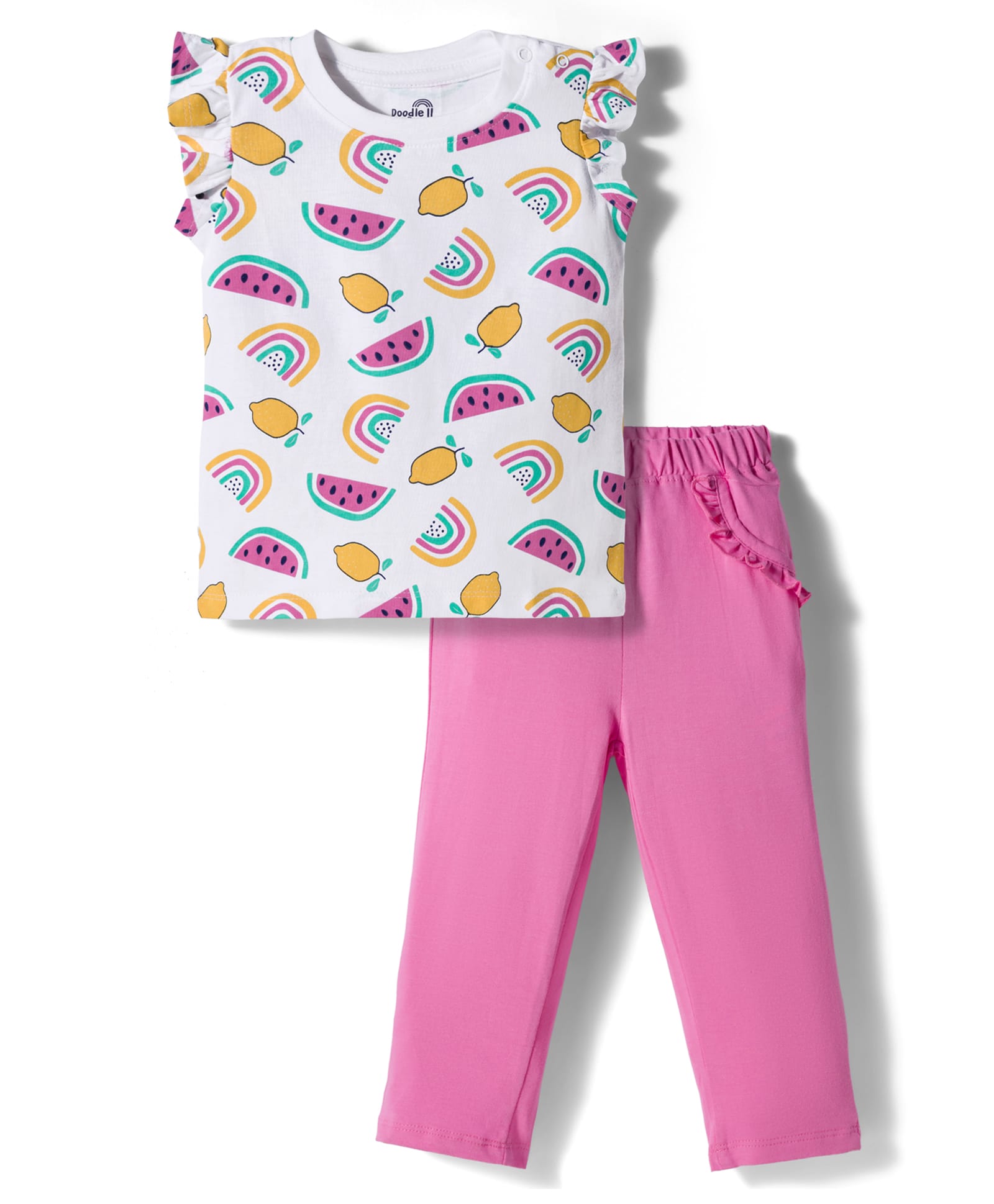 Doodle Poodle 100% Cotton Single Jersey Knit Sleeveless Top & Trouser Set With Fruit & Rainbow Print - White & Pink-image-14