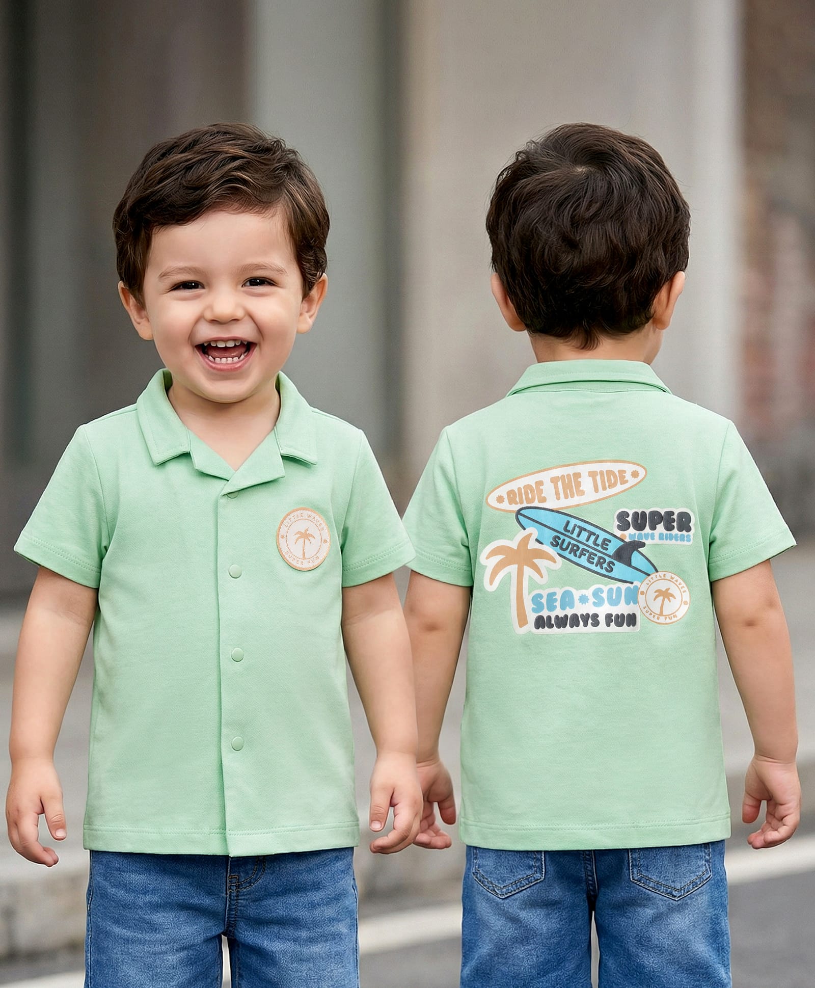 Babyoye 100% Cotton Terry Knit Half Sleeves Beach Theme Printed Shirt - Light Green-image-35