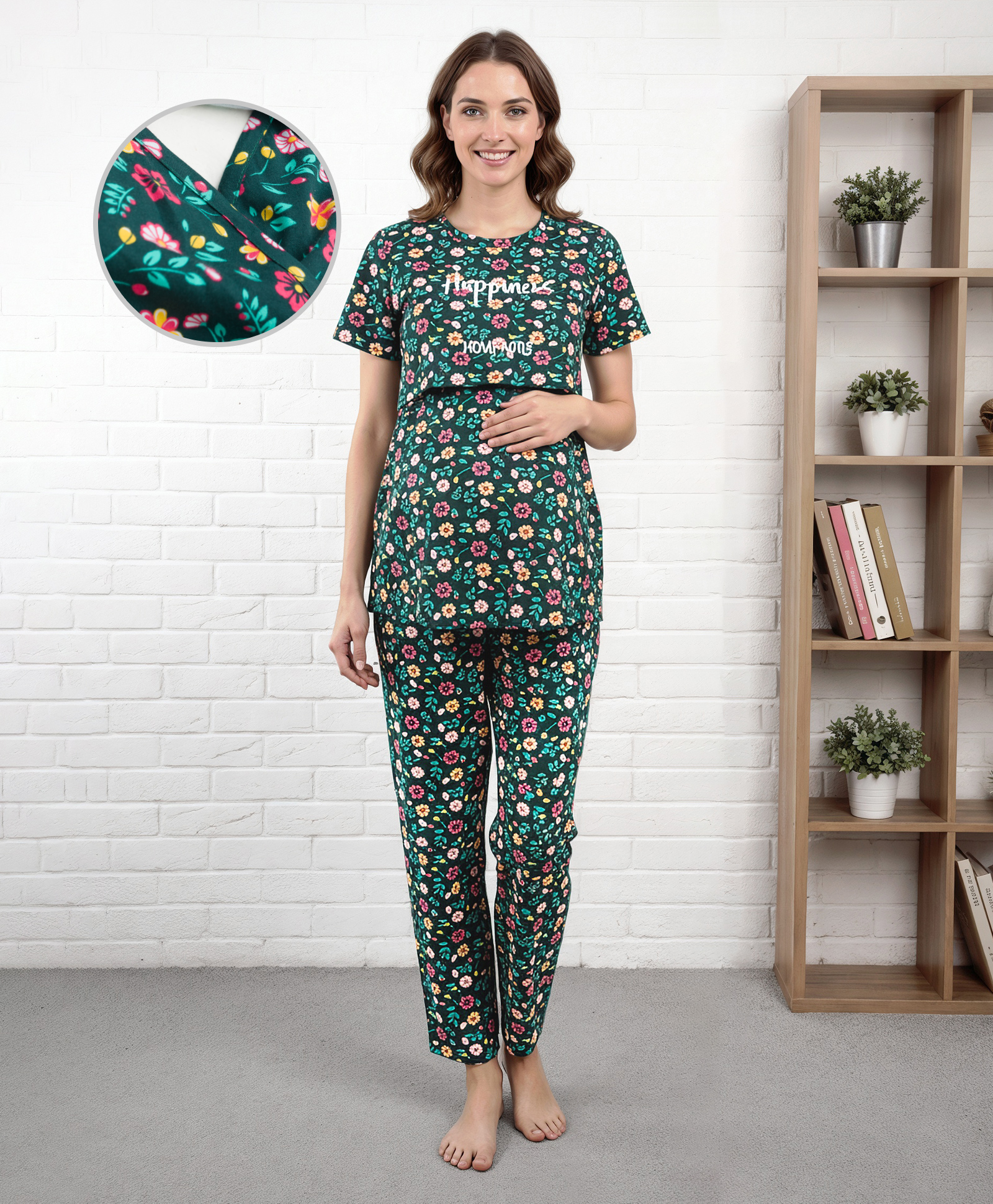 Bella Mama Cotton Knit Half Sleeves Nursing Night Suit with Floral Print - Green-picture-41