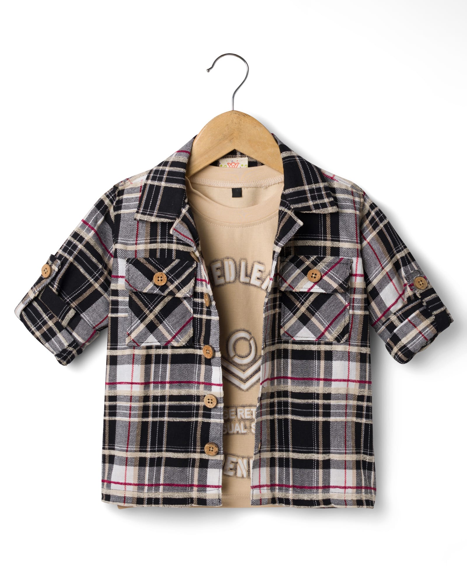 Rikidoos Cotton Woven Full Sleeves Checks Shirt With Printed Inner Tee - Black & Beige