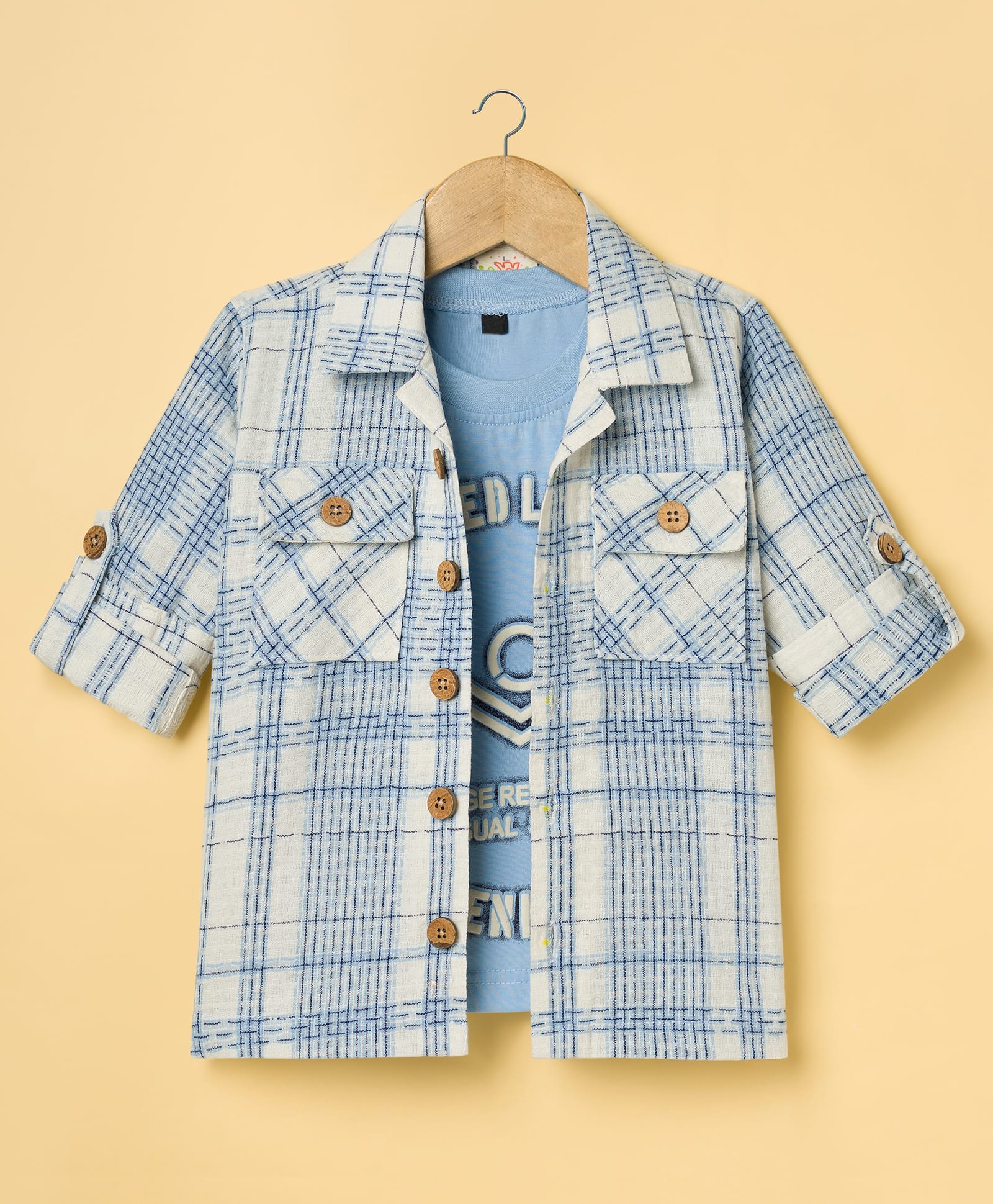 Rikidoos Cotton Woven Full Sleeves Checked Shirt With T-Shirt - Light Blue & White-picture-35