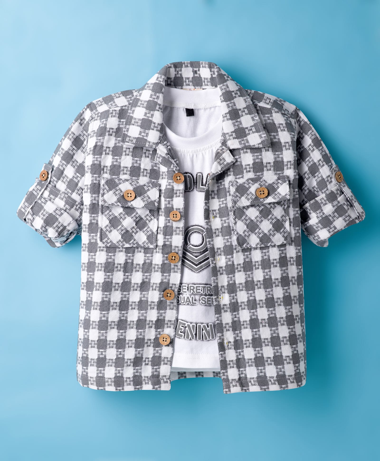 Rikidoos Cotton Woven Full Sleeves Checks Shirt With Text Printed T-Shirt - White & Grey-image-27
