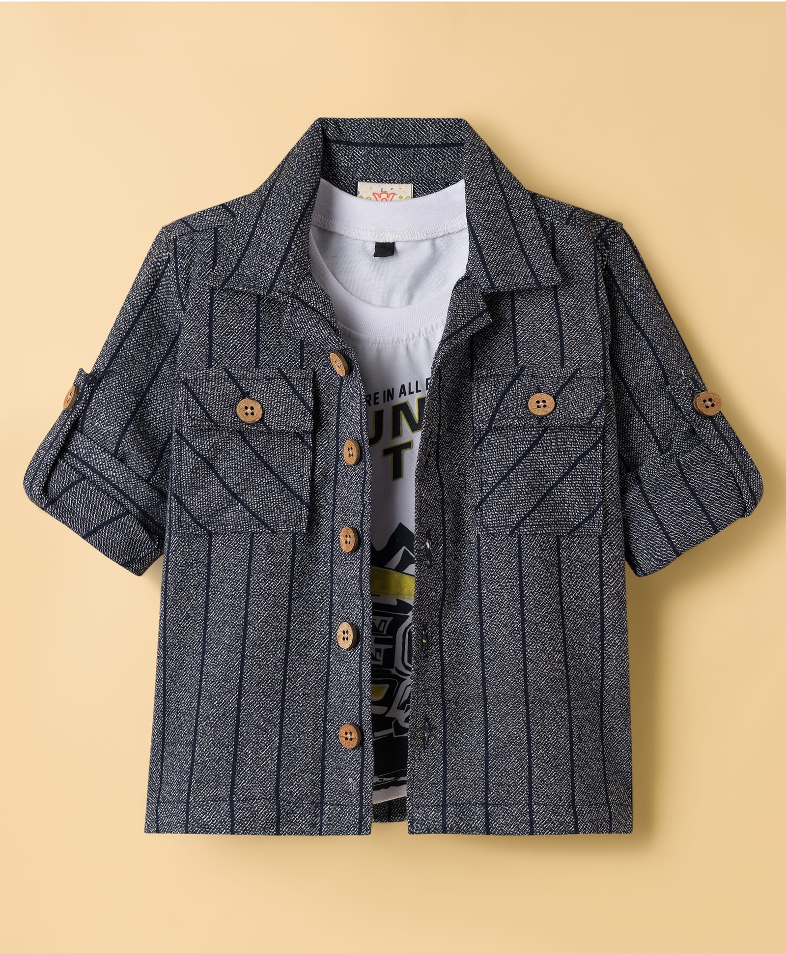 Rikidoos Cotton Woven Full Sleeves Striped Shirt With Vehicle Printed T-Shirt - Navy Blue-image-30