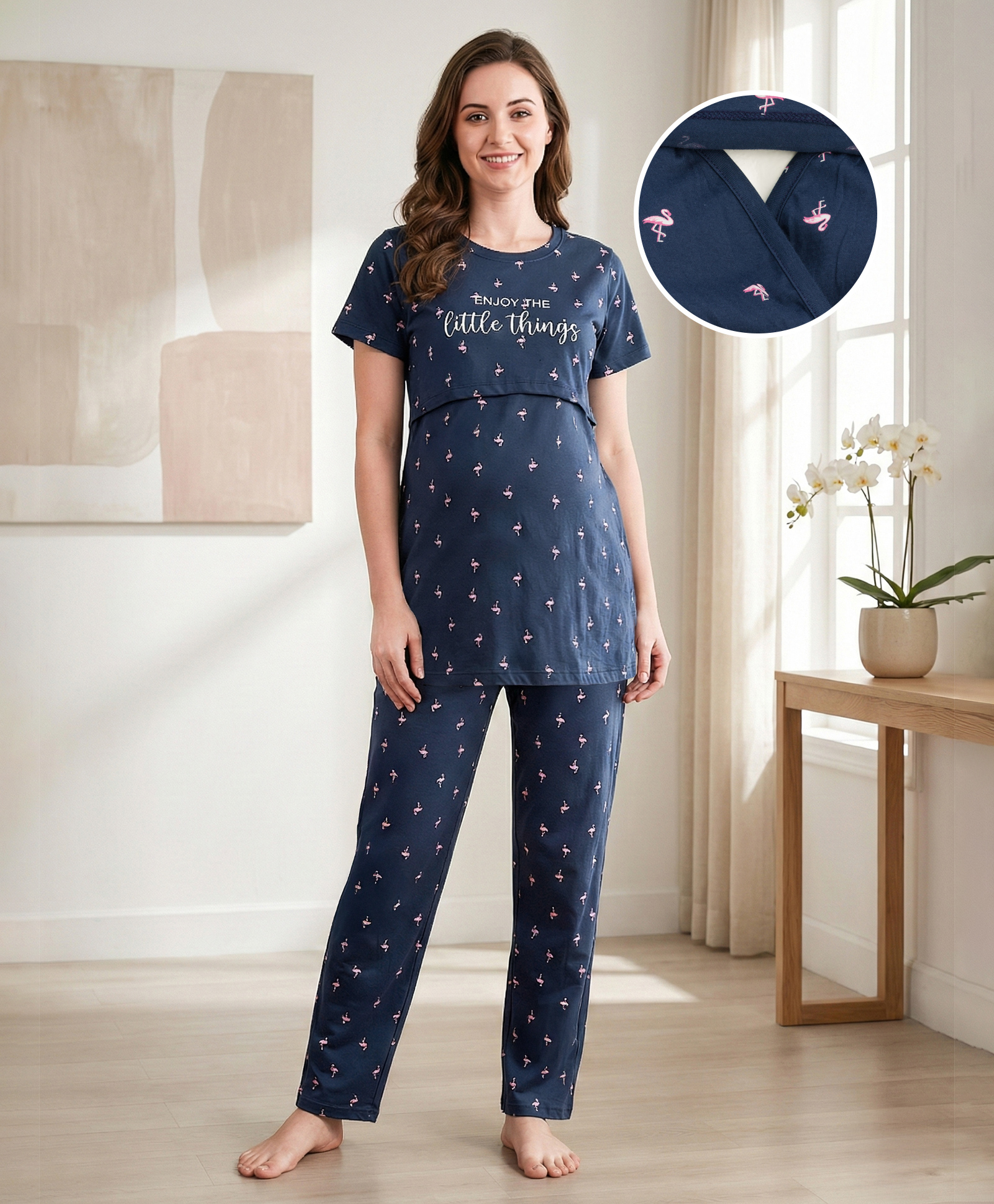 Bella Mama Cotton Knit Half Sleeves Birds Printed Co-Ords Nursing Night Suit - Navy Blue-picture-11
