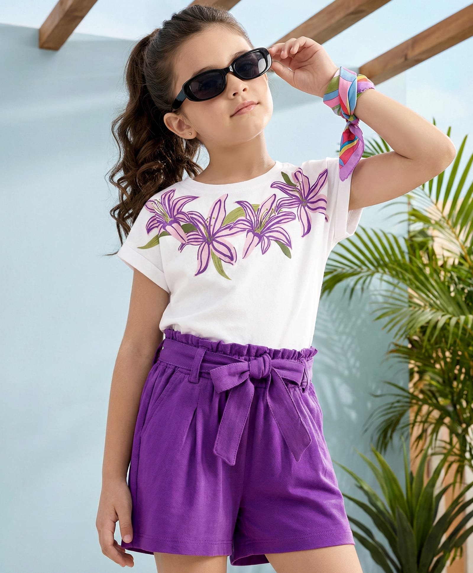 OLLINGTON ST. Cotton Knit Half Sleeves Top With Print & Shorts Set - White & Dahlia