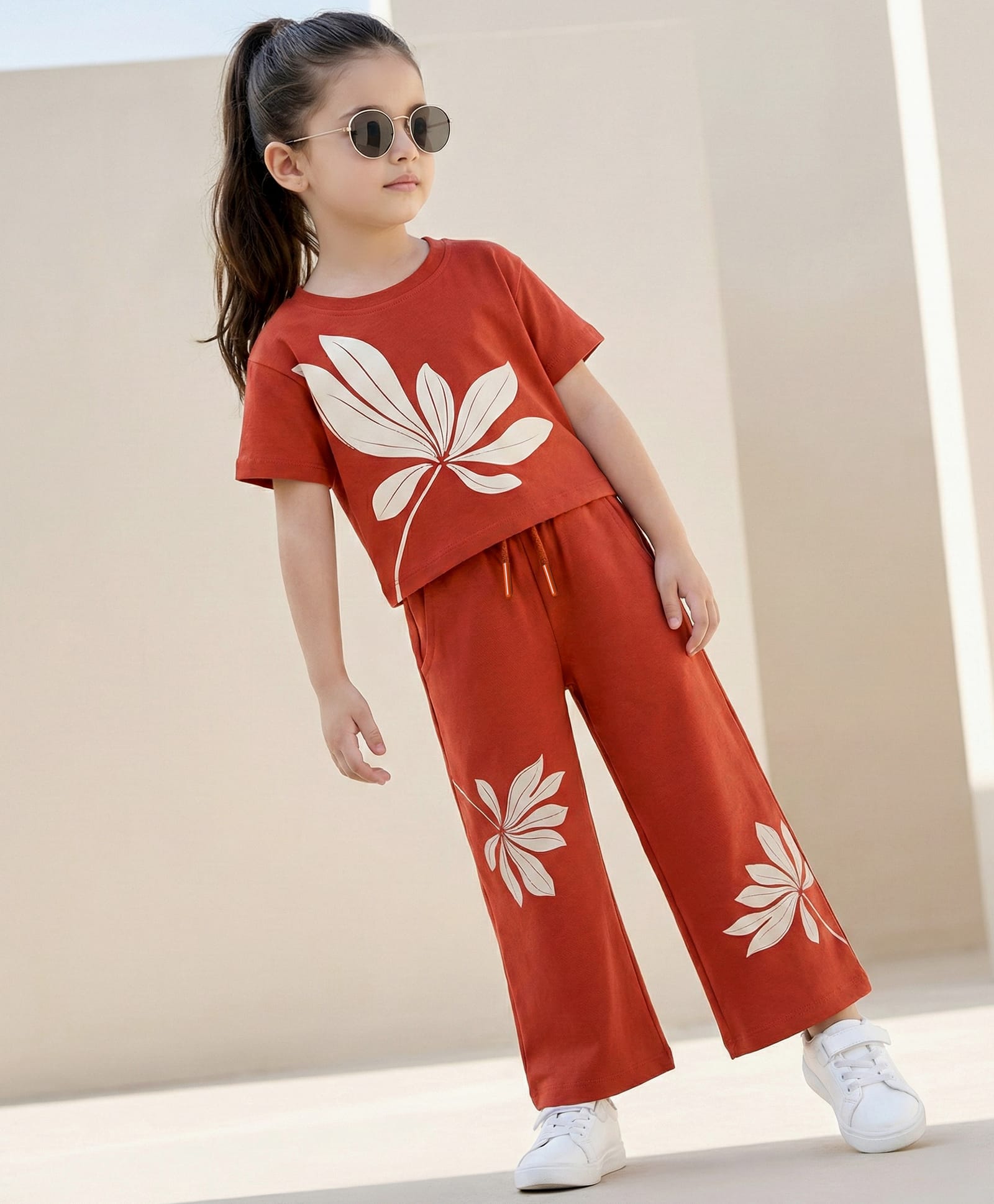 OLLINGTON ST. Cotton Knit Half Sleeves Top & Culotte Set With Floral Print - Rust