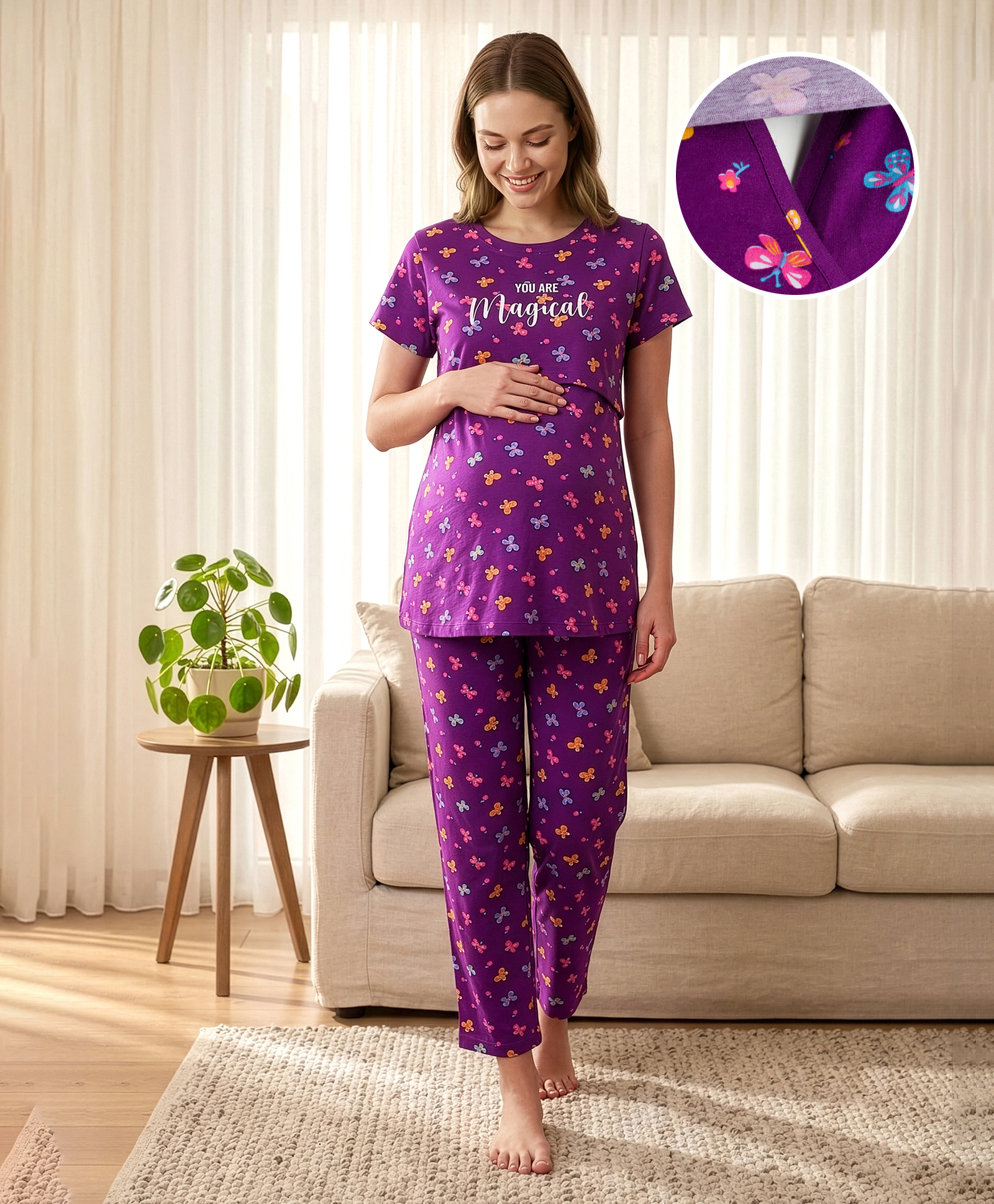 Bella Mama Cotton Knit Half Sleeves Co-ords Nursing Night Suit with Butterfly Print - Purple-picture-40