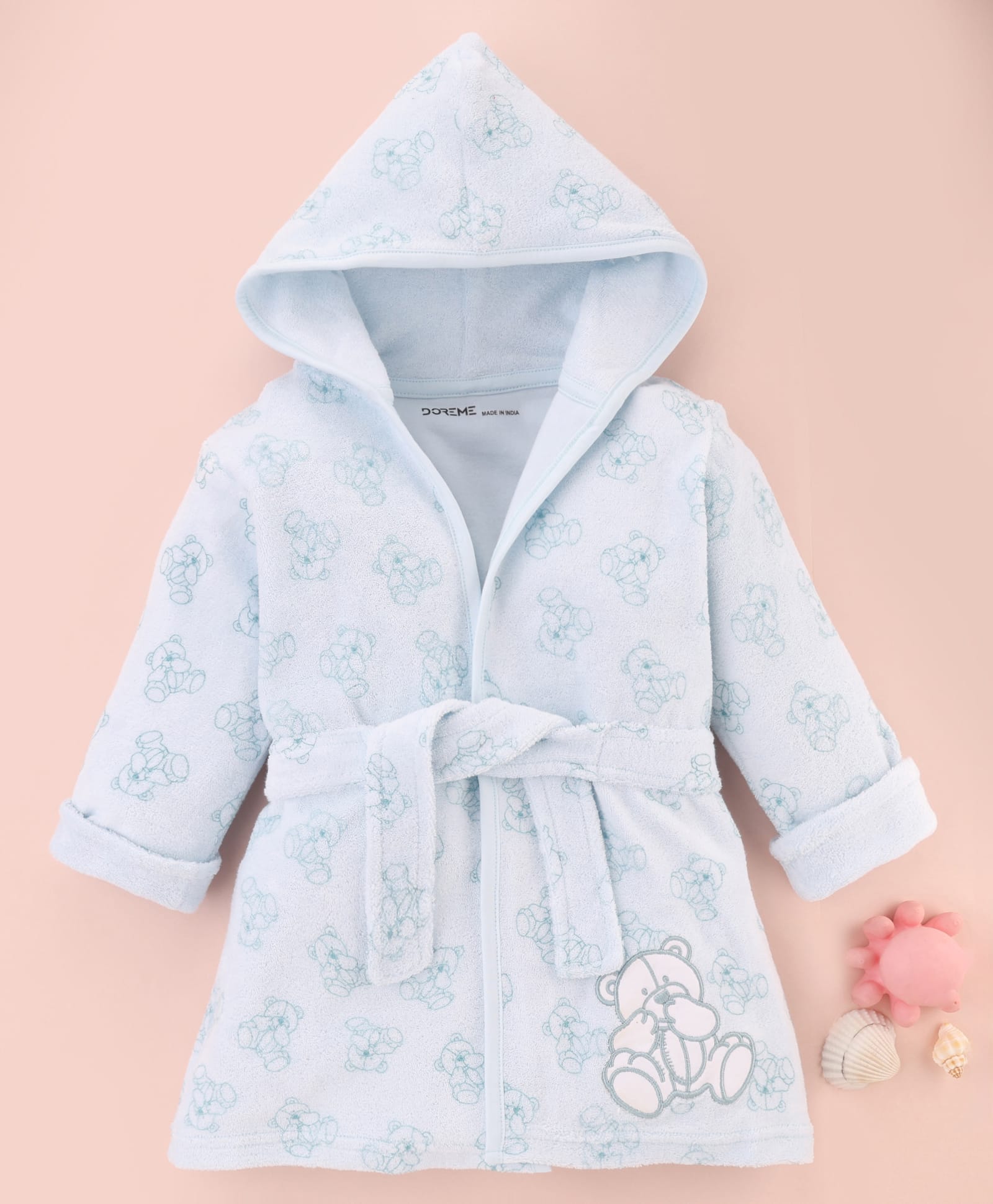 Doreme Terry Knit Full Sleeves Hooded Bath Robe with Bear Print - Aqua Blue-image-16