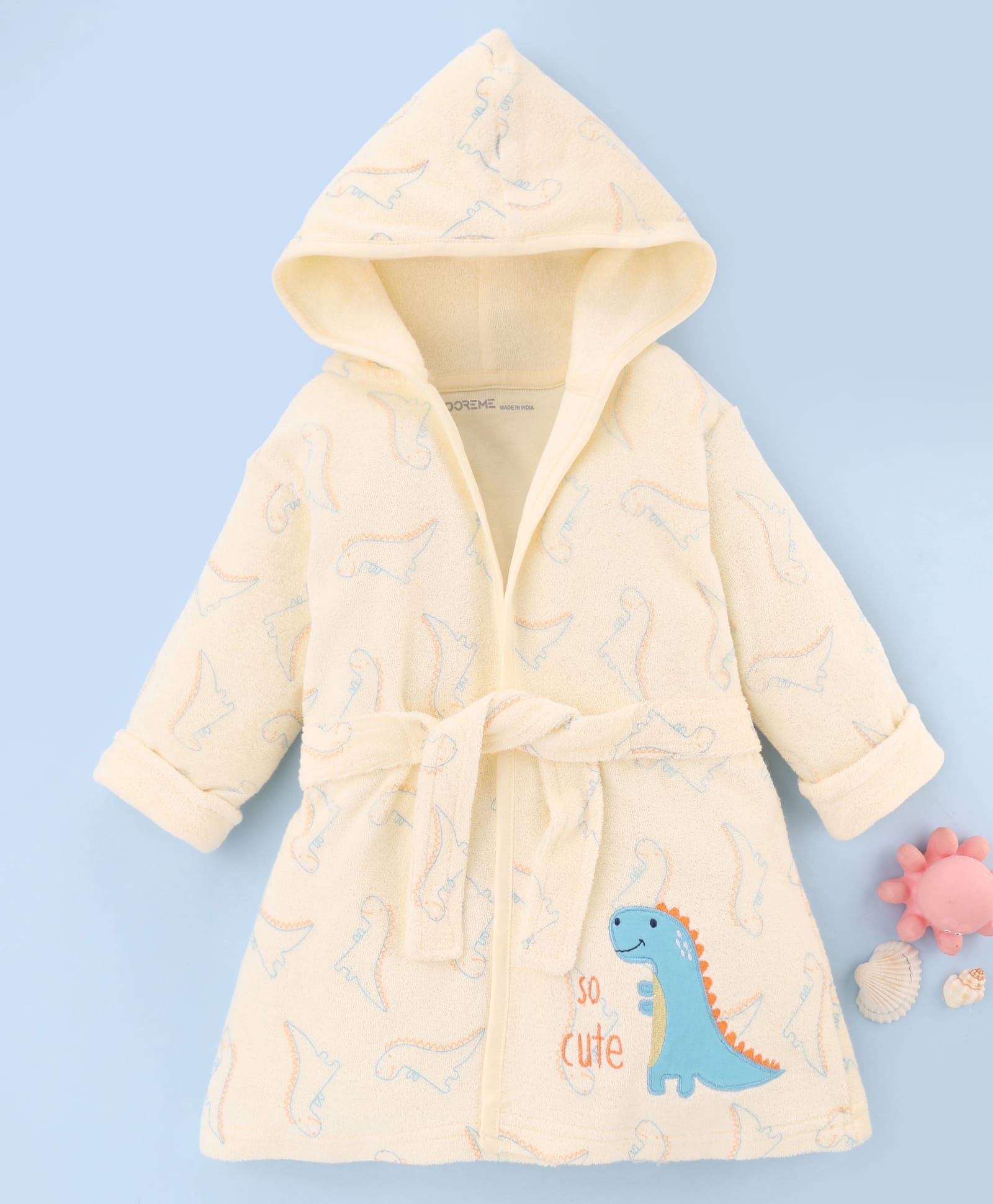 Doreme Terry Knit Full Sleeves Hooded Bath Robe with Dino Print & Embroidery - Cream-image-17