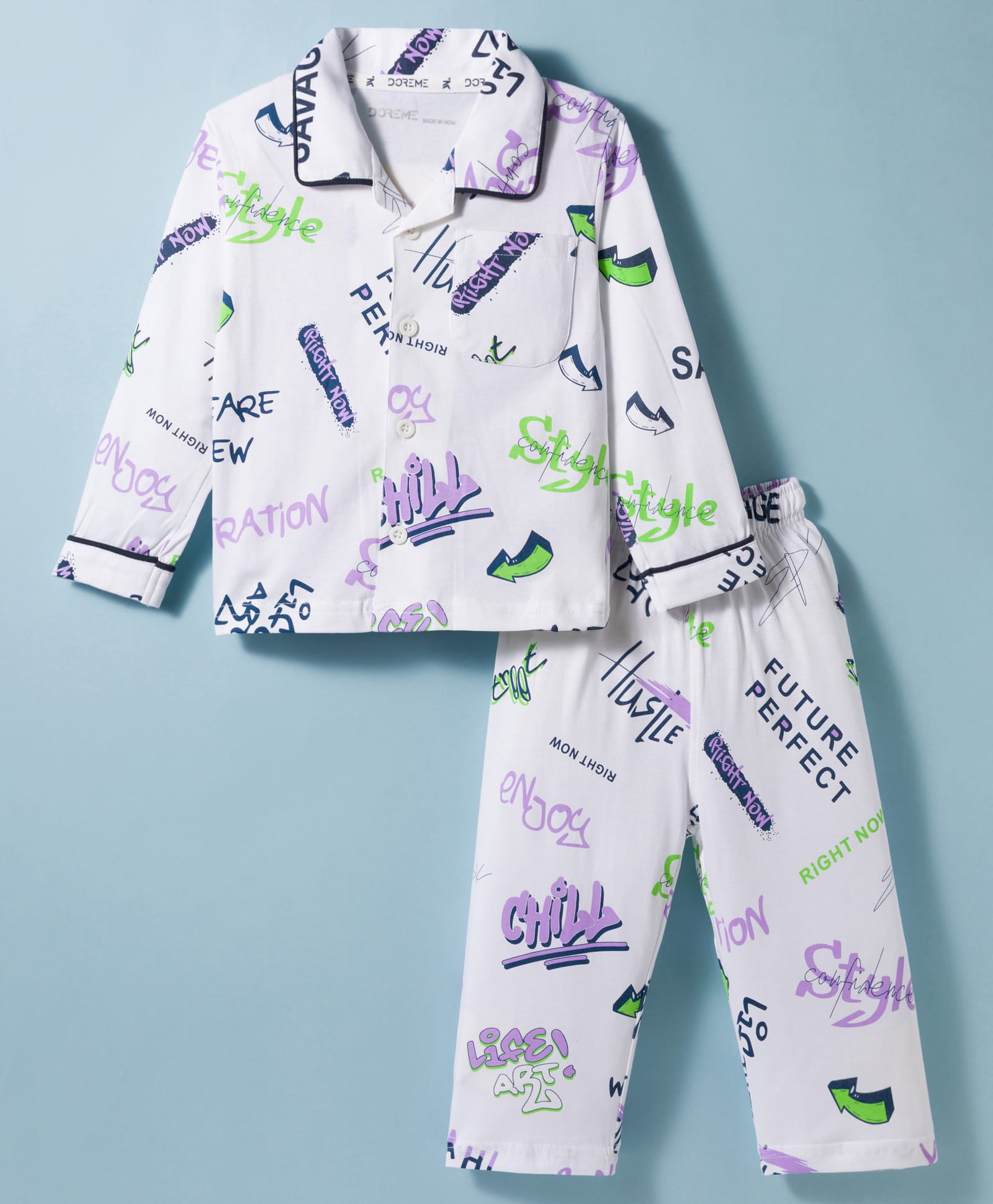 Doreme Knitted Full Sleeves Co-ords Shirt & Pajama Night Suit with New Generation Print - Multicolor-image-6