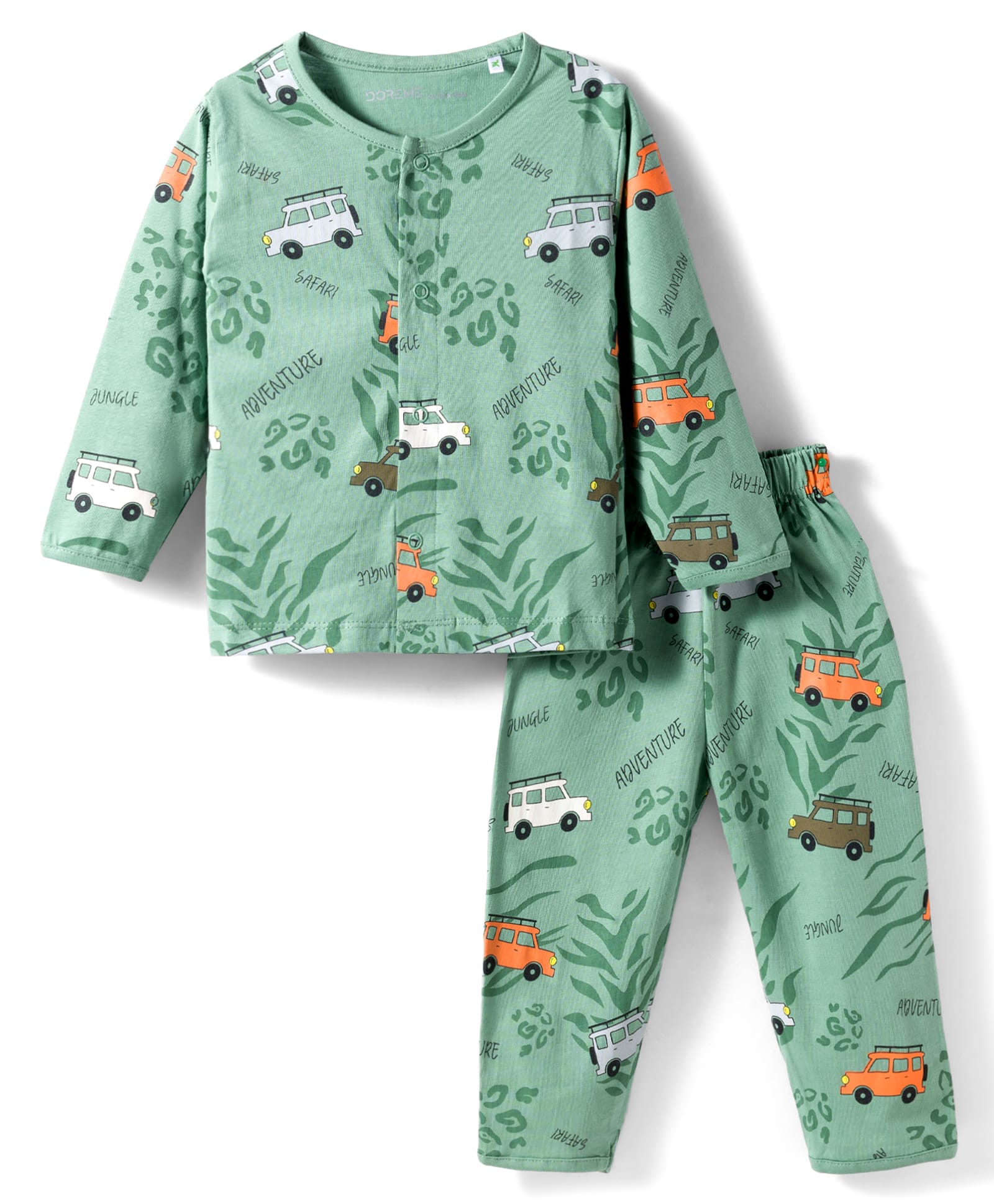 Doreme Knitted Full Sleeves Co-ords T-Shirt & Pajama Night Suit with Safari Print - Green-image-27