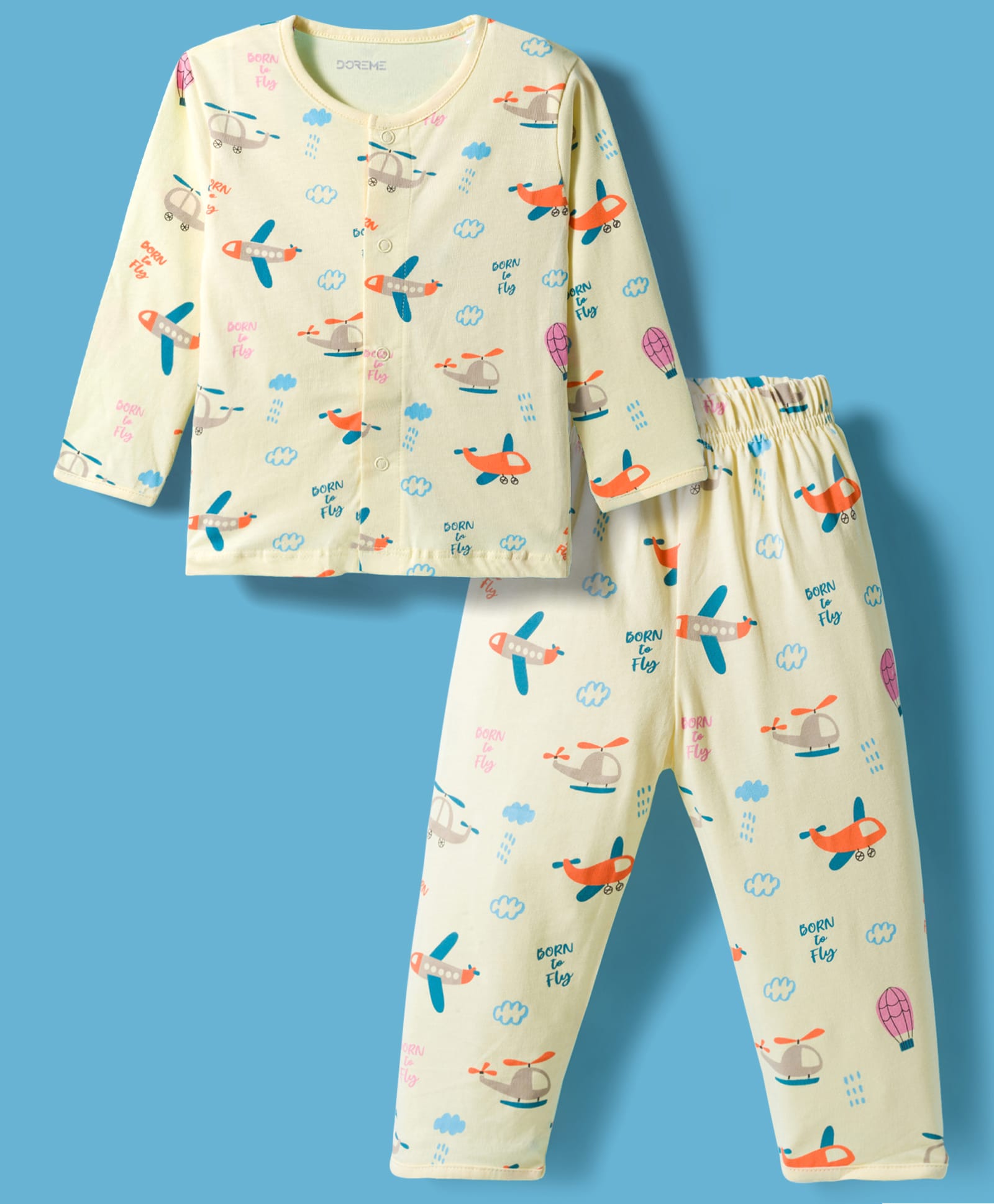 Doreme Knit Full Sleeves T-Shirt & Pyjama Co-ord Night Suit With Plane & Helicopter Print - Cream-image-43