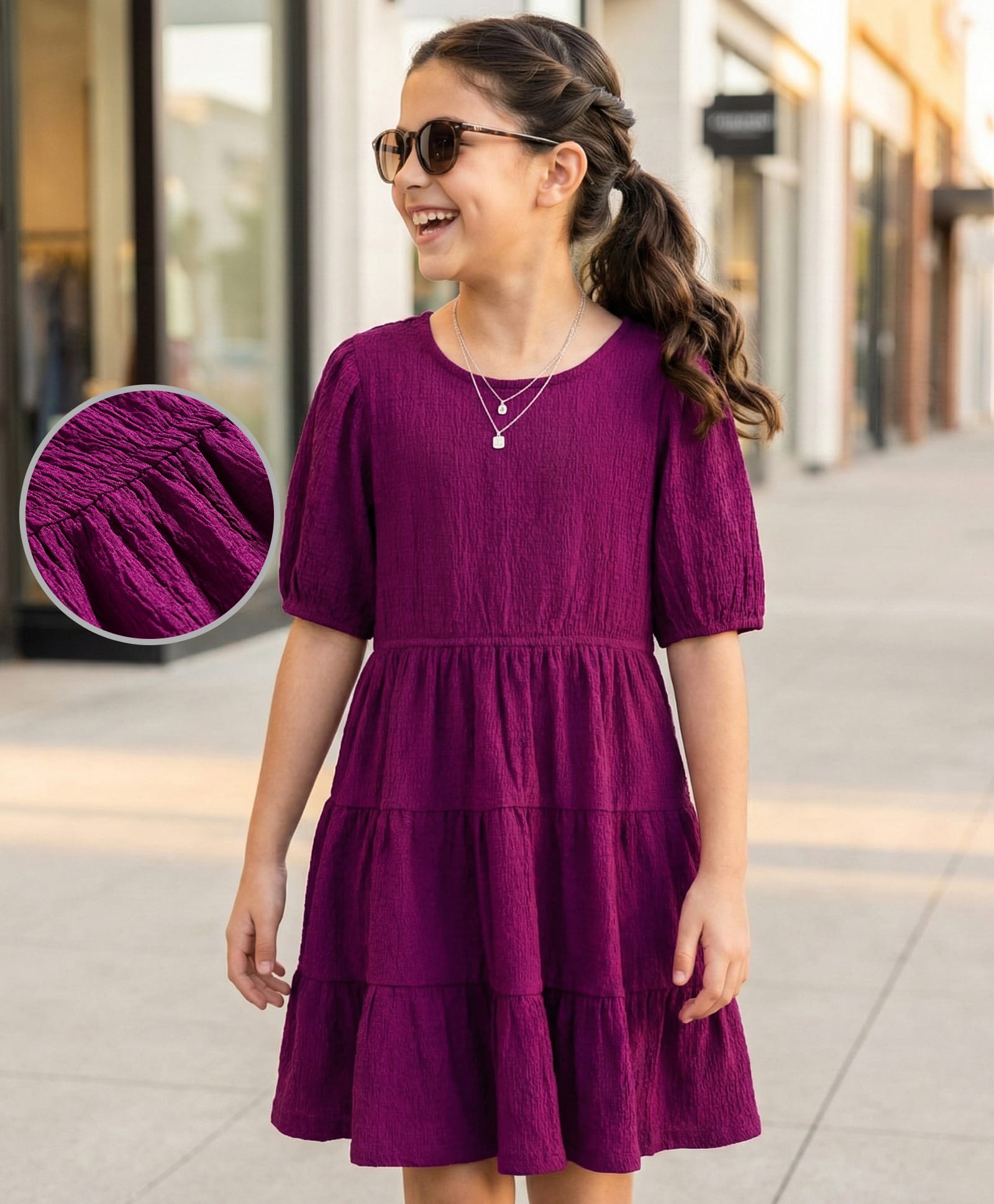 Pine Kids Woven Half Sleeves Solid Colour Tiered Frock - Purple-image-40