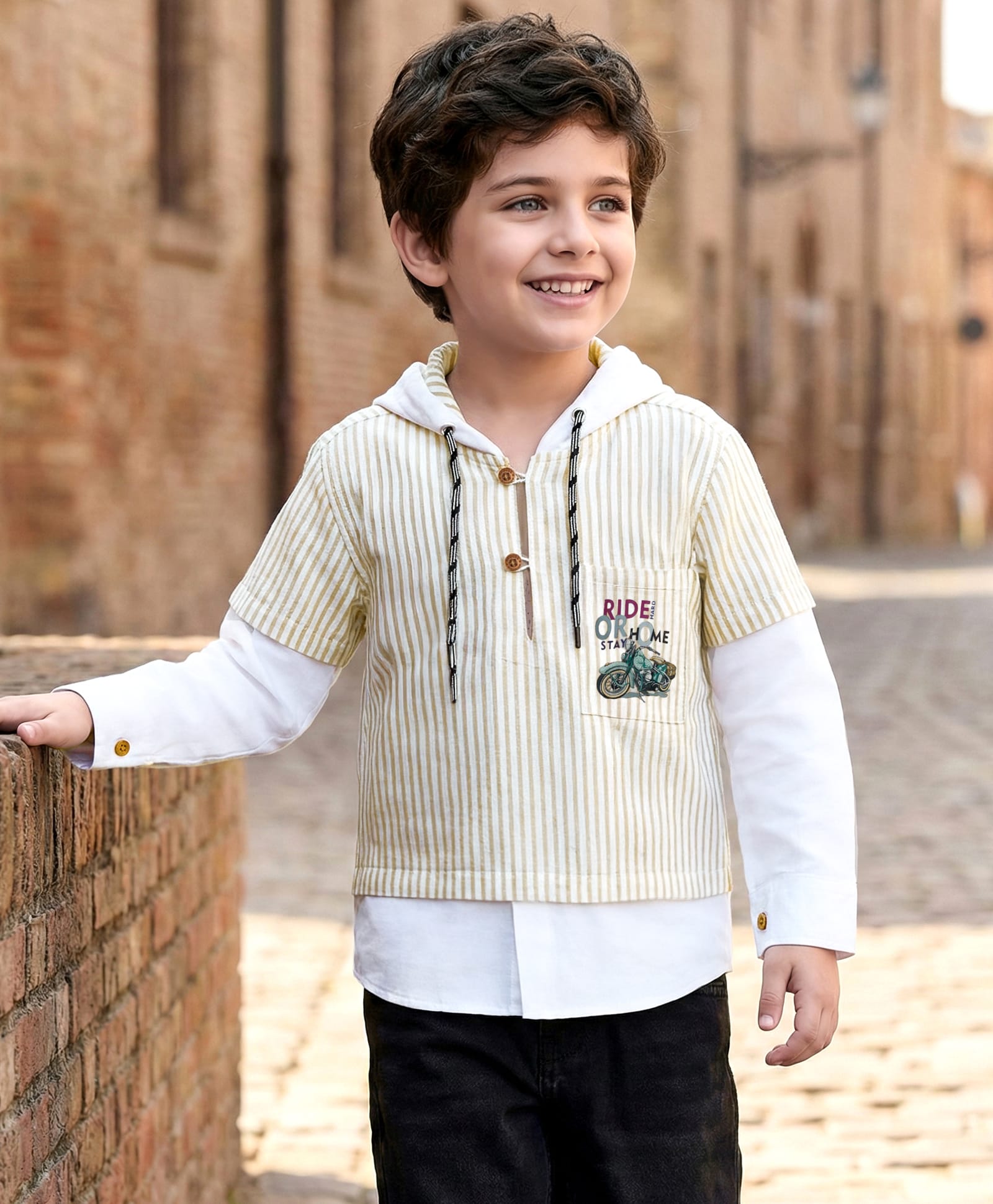 Rikidoos Cotton Woven Full Sleeves Hooded Kurta Style Shirt With Stripes - White & Beige-picture-13