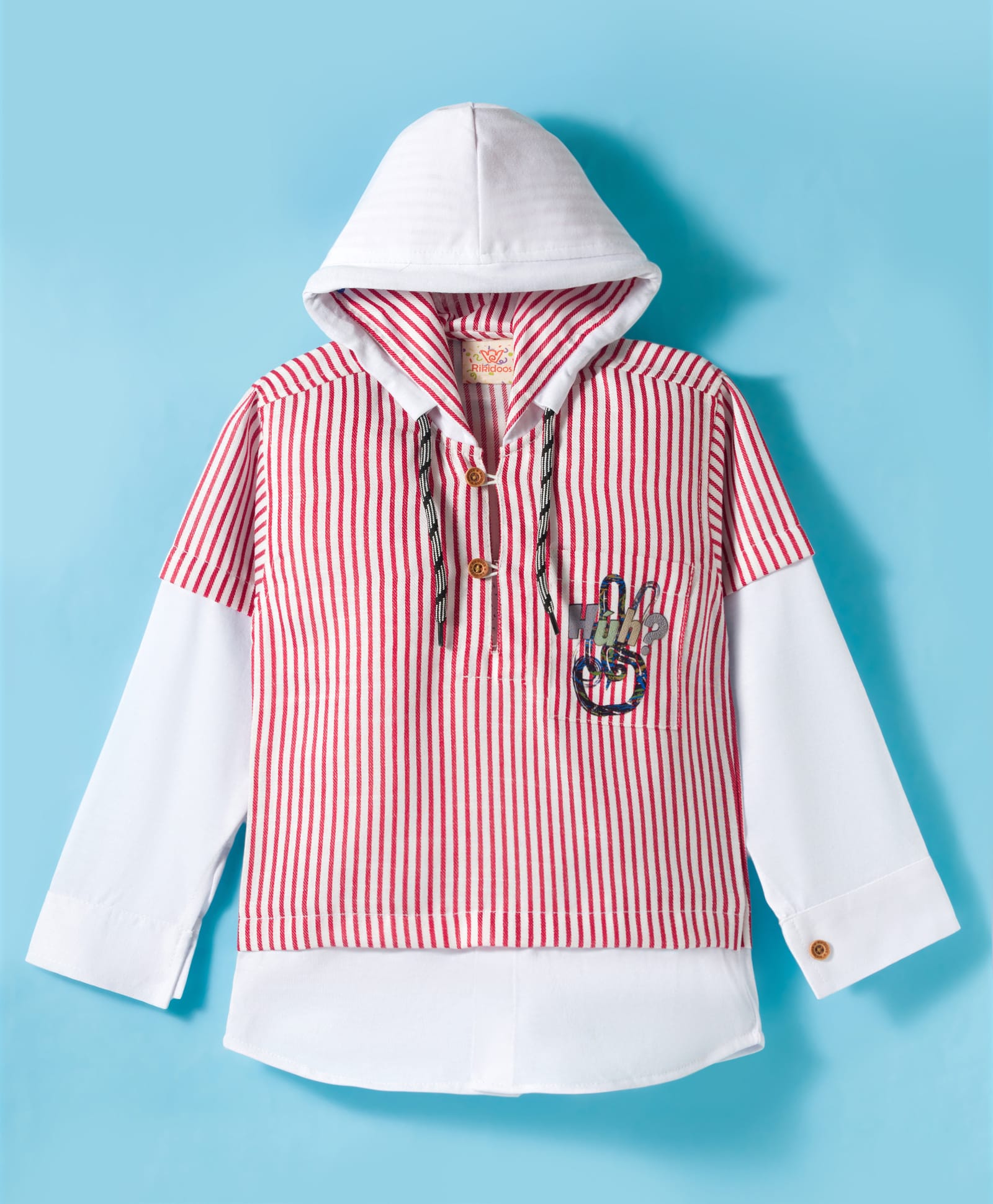 Rikidoos Cotton Woven Full Sleeves Hooded Kurta Style Shirt With Stripes - Red-picture-28