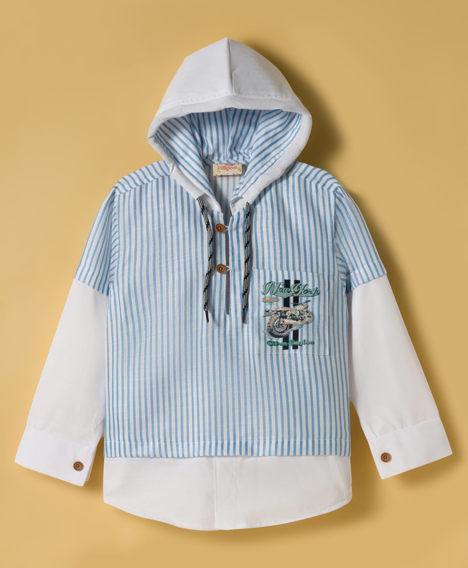 Rikidoos Cotton Woven Full Sleeve Hooded Kurta Style Shirt With Motorcycle Print - Light Blue-picture-15