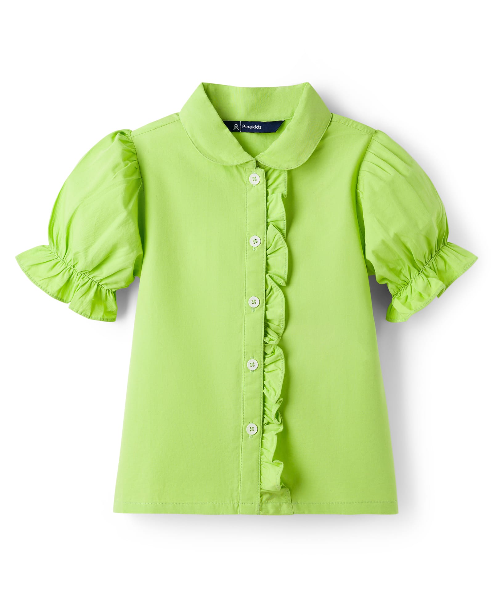 Pine Kids Cotton Woven Half Puffed Sleeves Solid Colour Shirt Style Top with Frill Detailing - Limegreen