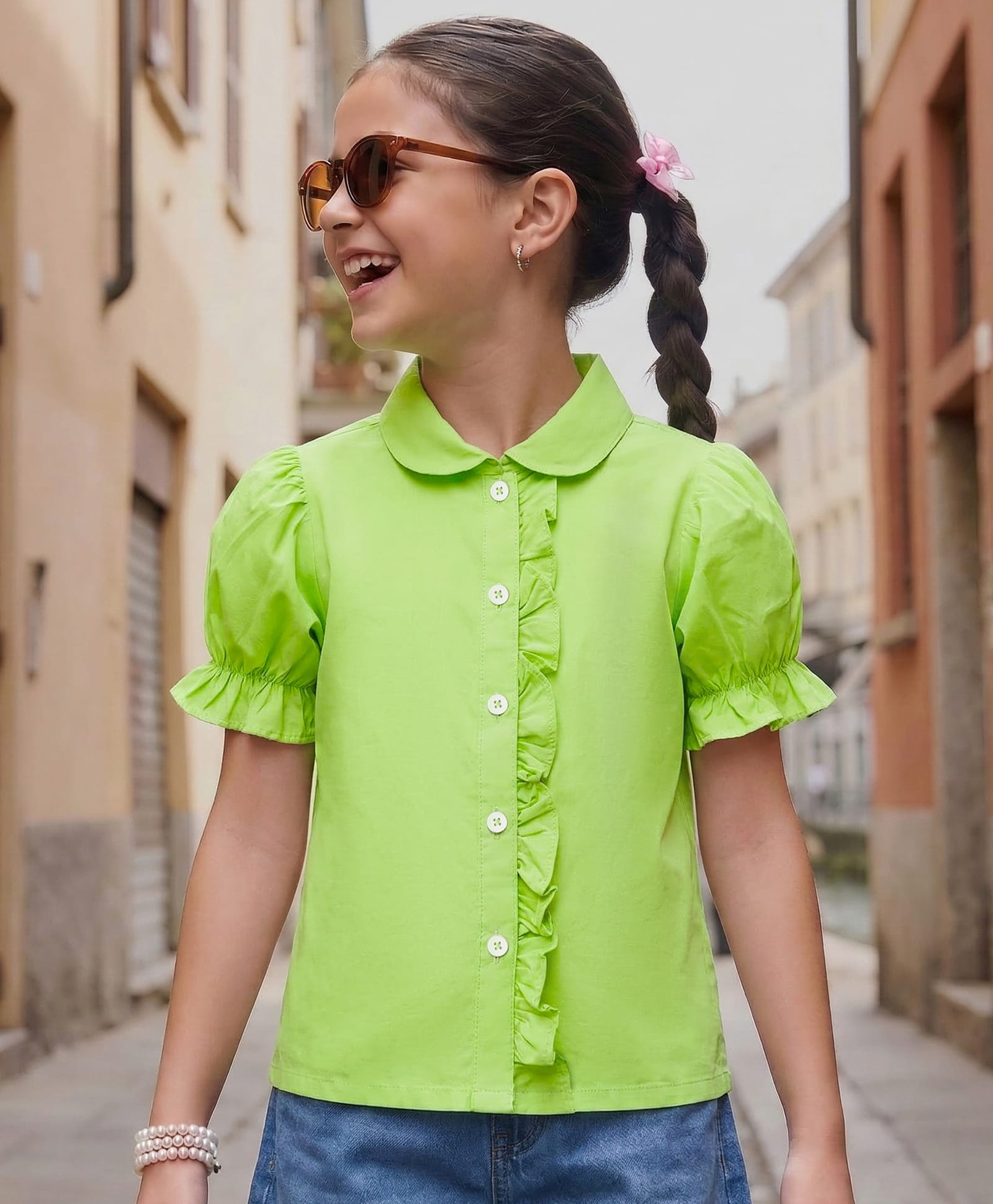 Pine Kids Cotton Woven Half Puffed Sleeves Solid Colour Shirt Style Top with Frill Detailing - Limegreen-picture-26