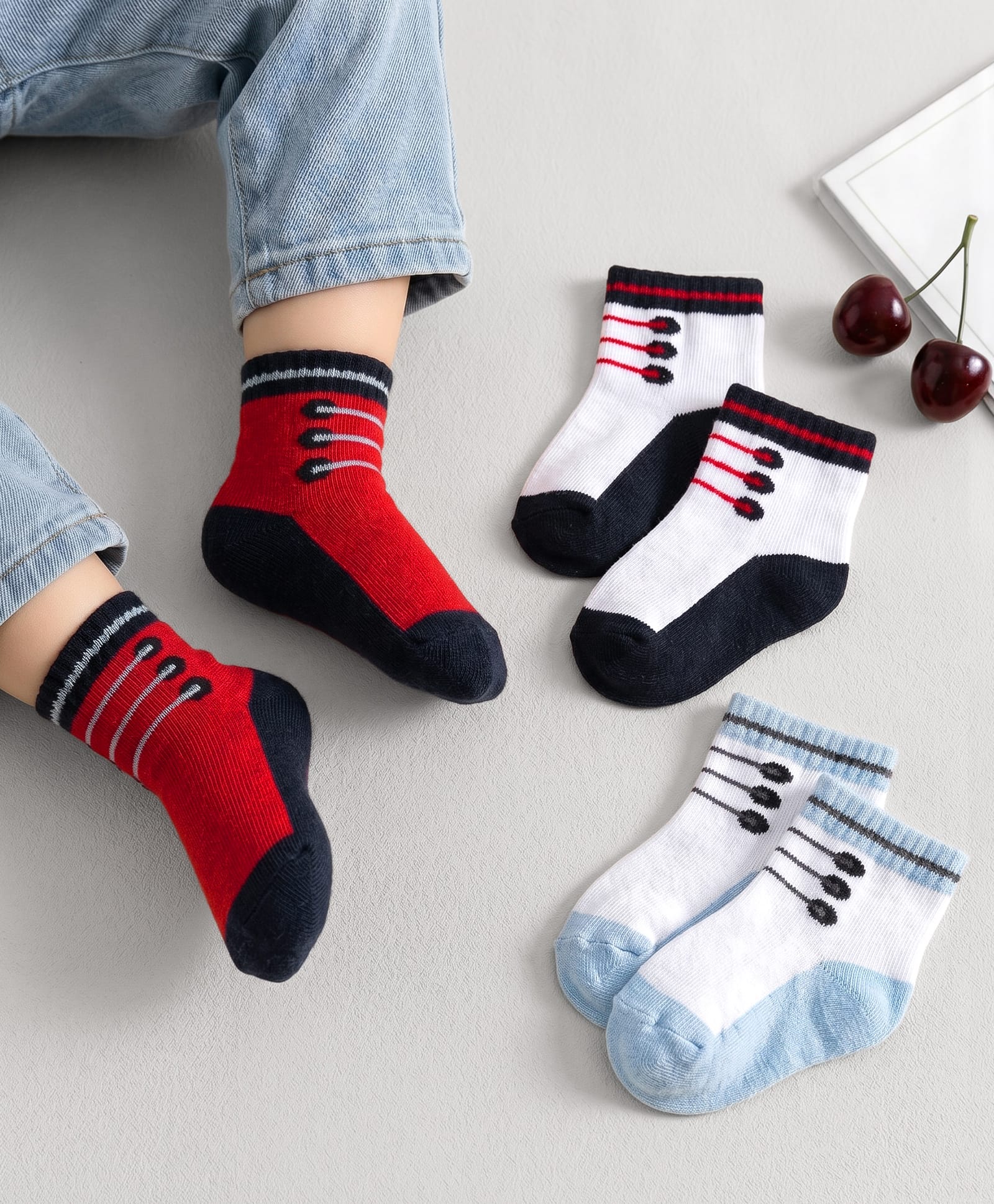 Cute Walk by Babyhug Non Terry Knit Antibacterial Ankle Length Socks With Design Pack of 3 - Red Light Blue & White-picture-12