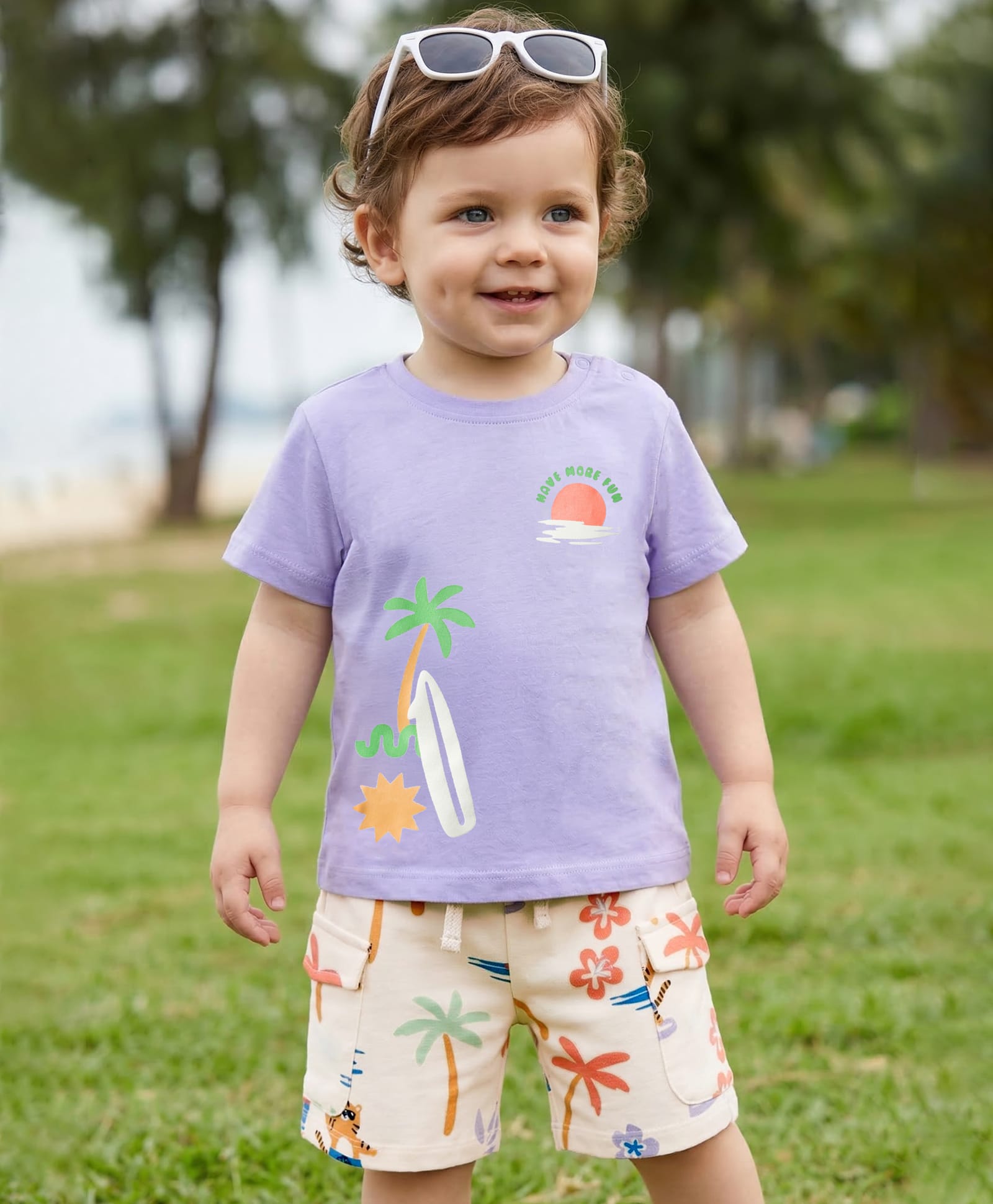 Babyoye 100% Cotton Knit Half Sleeves Beach Theme Printed T-Shirt & Shorts Set - Purple-picture-26