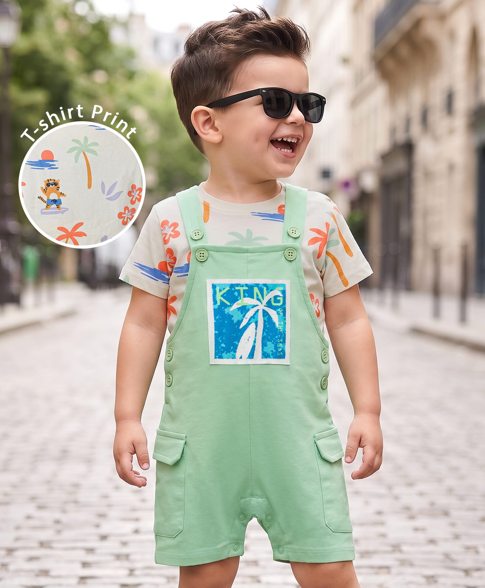Babyoye 100% Cotton Single Jersey Knit Dungaree & Half Sleeves T-Shirt With Tiger & Tree Print - White & Light Green-image-14
