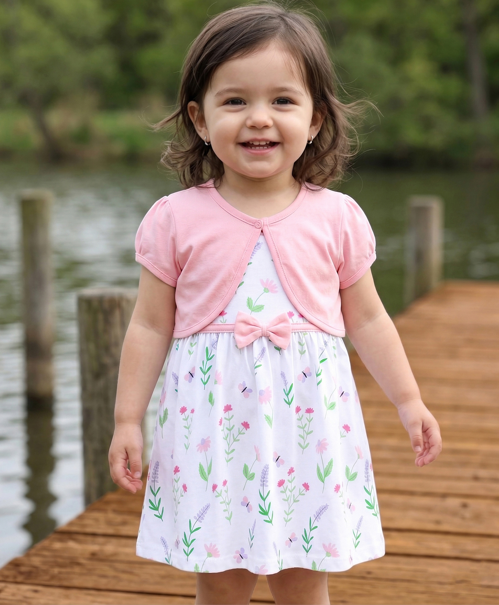 Babyhug Single Jersey Knit Frock & Half Sleeves Shrug With Floral Print & Bow Applique - White-image-15