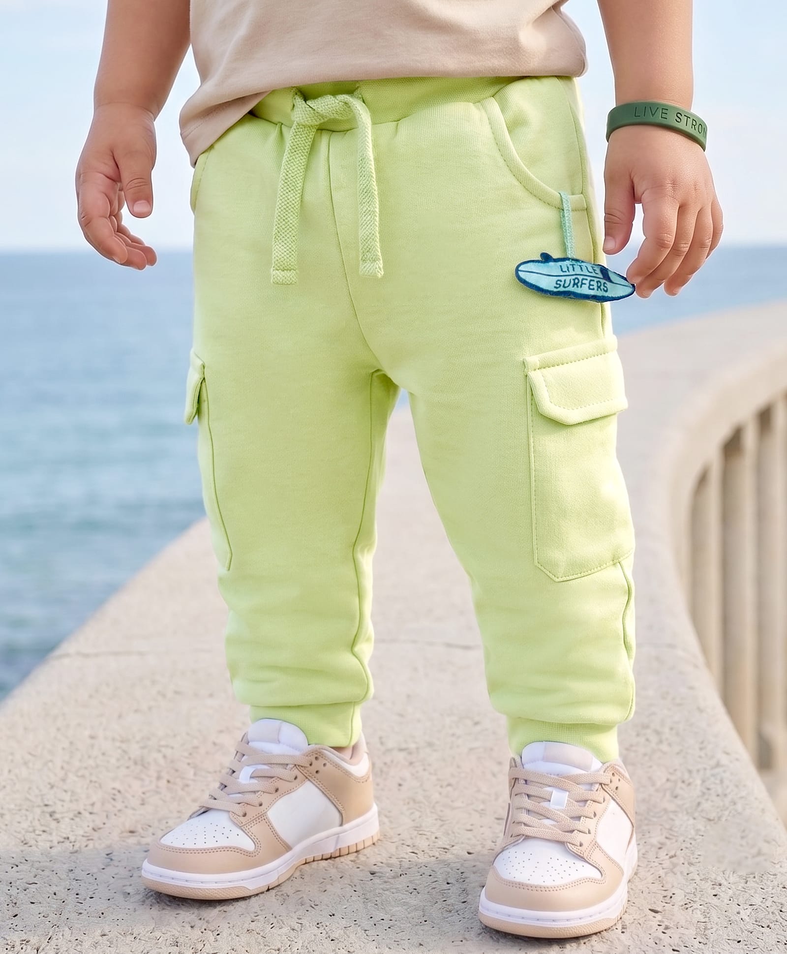 Babyoye 100% Cotton Knit Full Length Solid Lounge Pant With Cargo Pockets & Little Surfers Applique - Light Green-picture-24