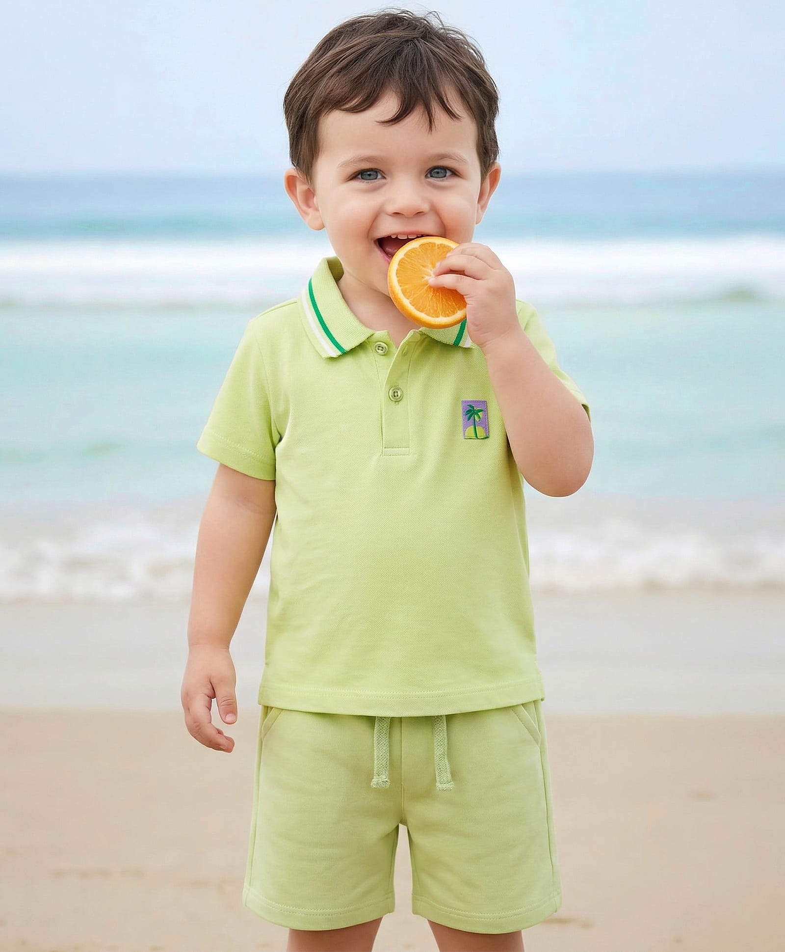 Babyoye 100% Cotton Knit Half Sleeves T-Shirt & Shorts Set With Patch - Light Green-picture-28