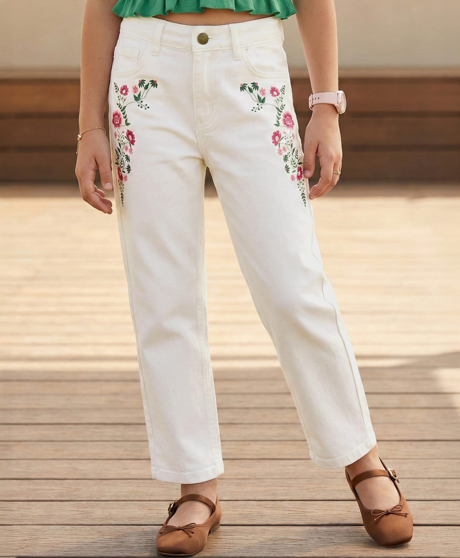 Pine Kids Denim Woven Full Length Floral Embroidered Jeans - White-picture-12