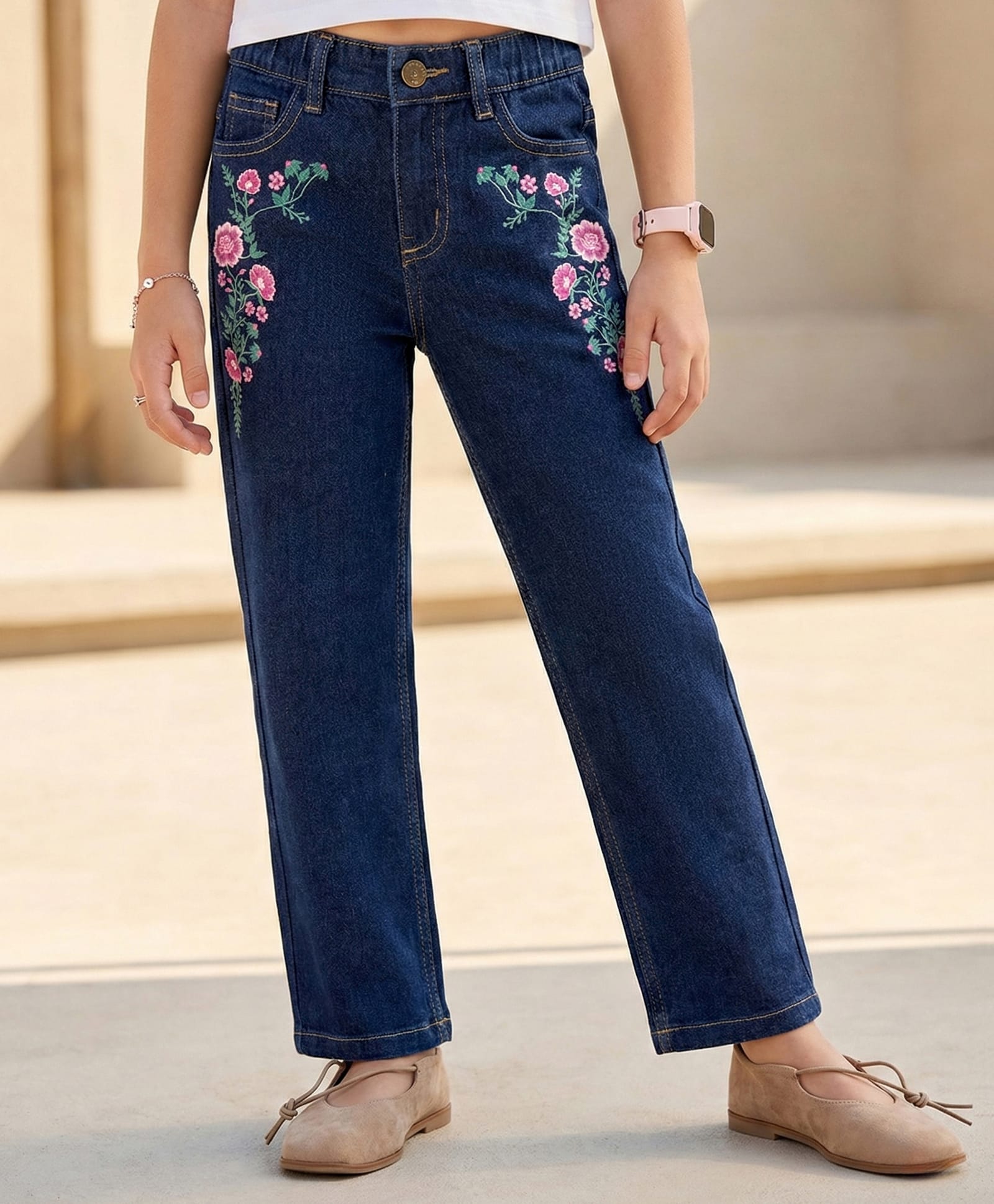 Pine Kids Denim Woven Full Length Floral Embroidered Jeans -Navy Blue-picture-13