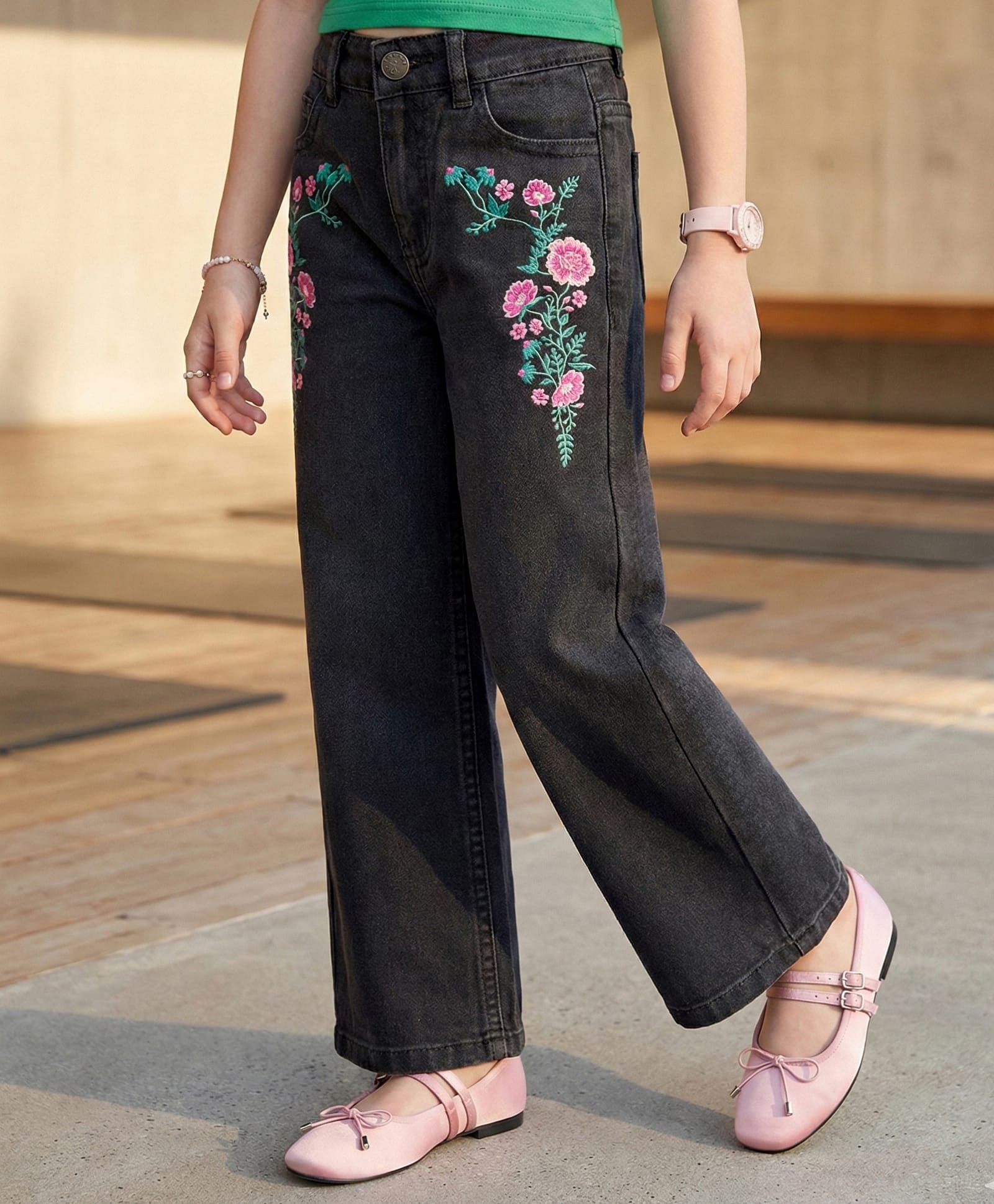 Pine Kids Denim Woven Full Length Floral Embroidered Jeans -Black