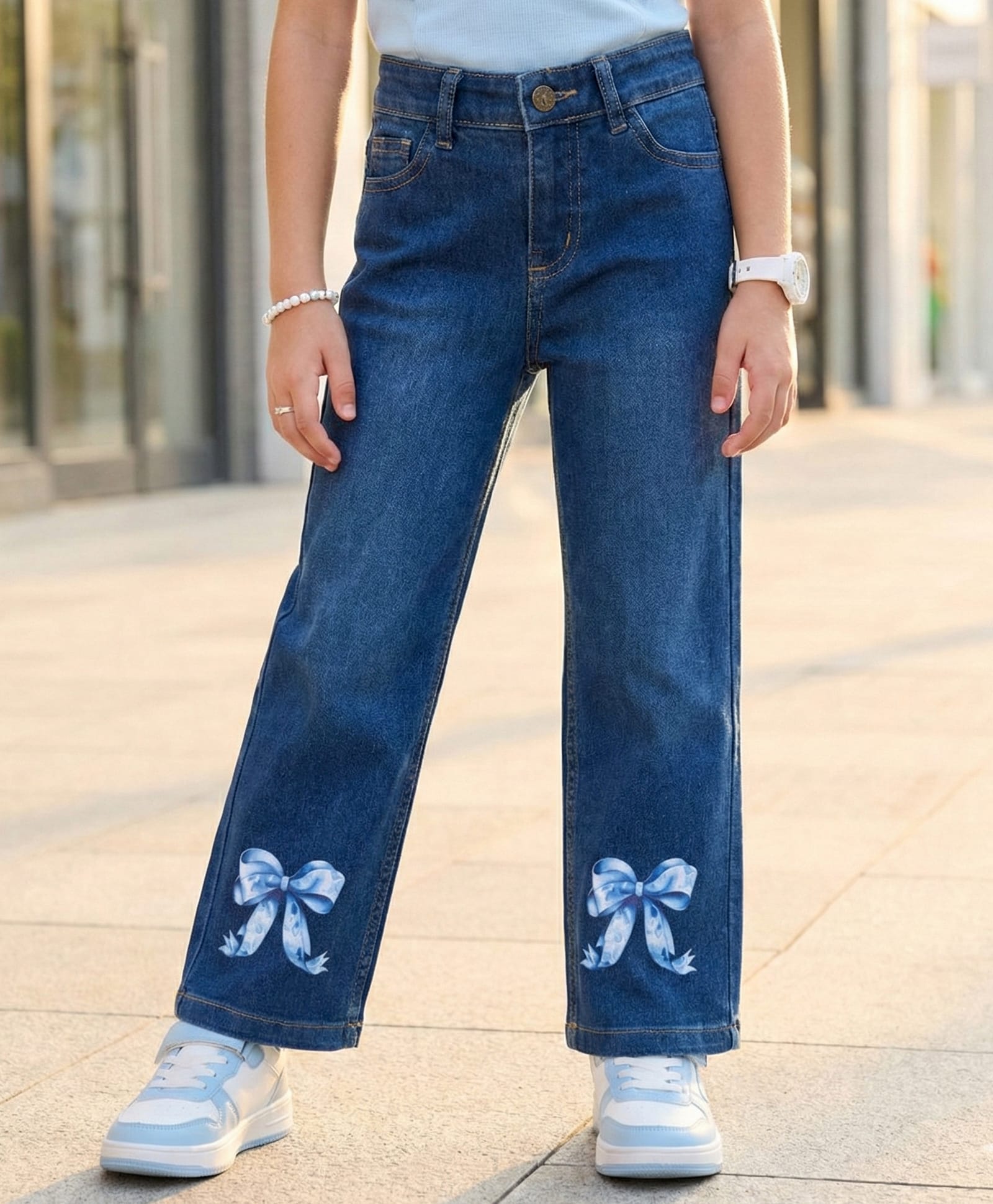 Pine Kids Denim Woven Full Length Bow Printed Jeans - Navy Blue-image-13