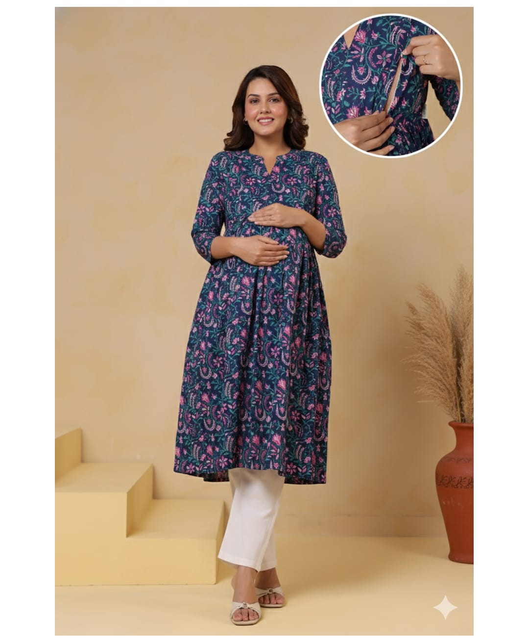 CRAFIQA Cotton Woven Three Fourth Sleeves Floral Printed Maternity Kurta With Side Zipper Nursing Access - Blue-image-16