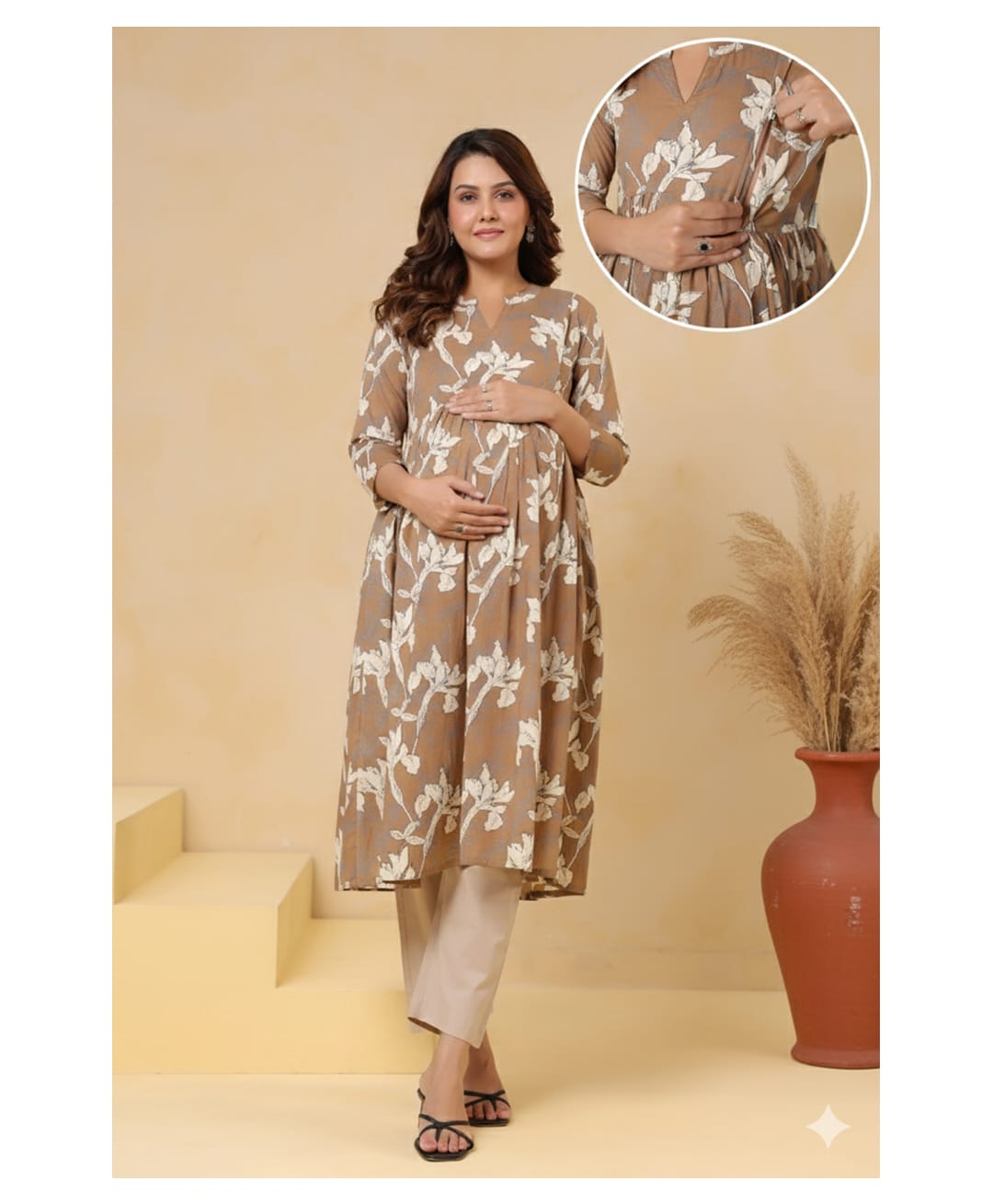 CRAFIQA Cotton Woven Three Fourth Sleeves Floral Printed Maternity Kurti With Side Zipper Nursing Access - Brown-image-37