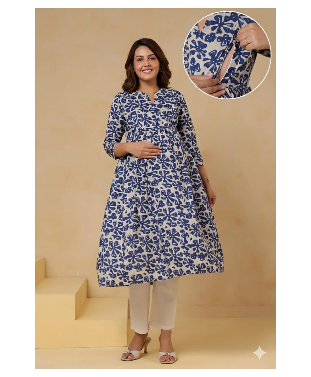 CRAFIQA Cotton Woven Three Fourth Sleeves Floral Printed Maternity Kurti With Side Zipper Nursing Access - Indigo-image-43