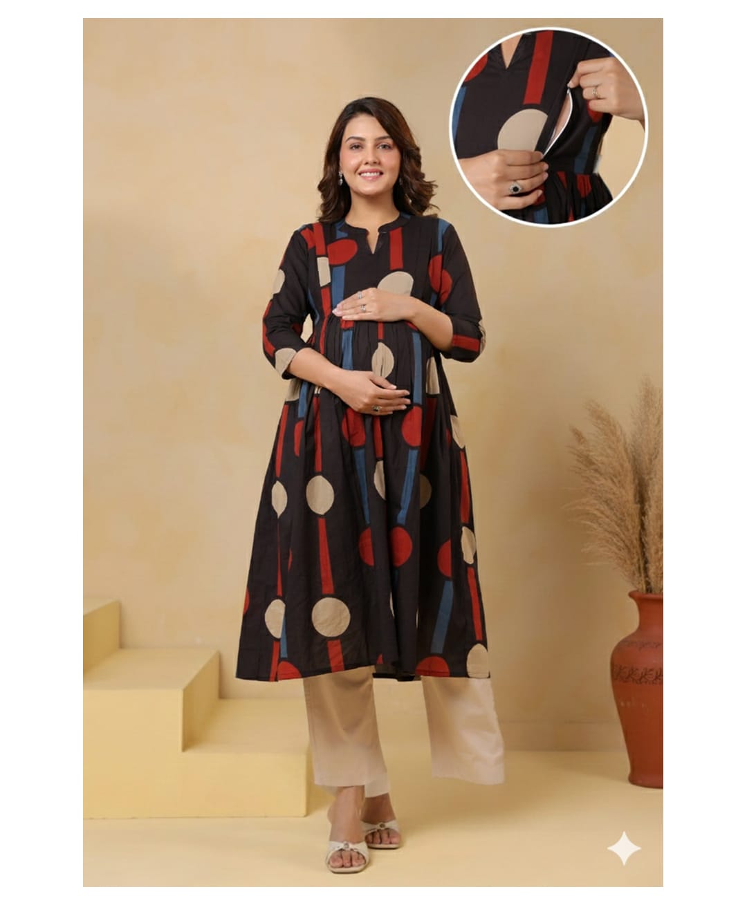 CRAFIQA Cotton Woven Three Fourth Sleeves Abstract Printed Maternity Kurti With Side Zipper Nursing Access - Black