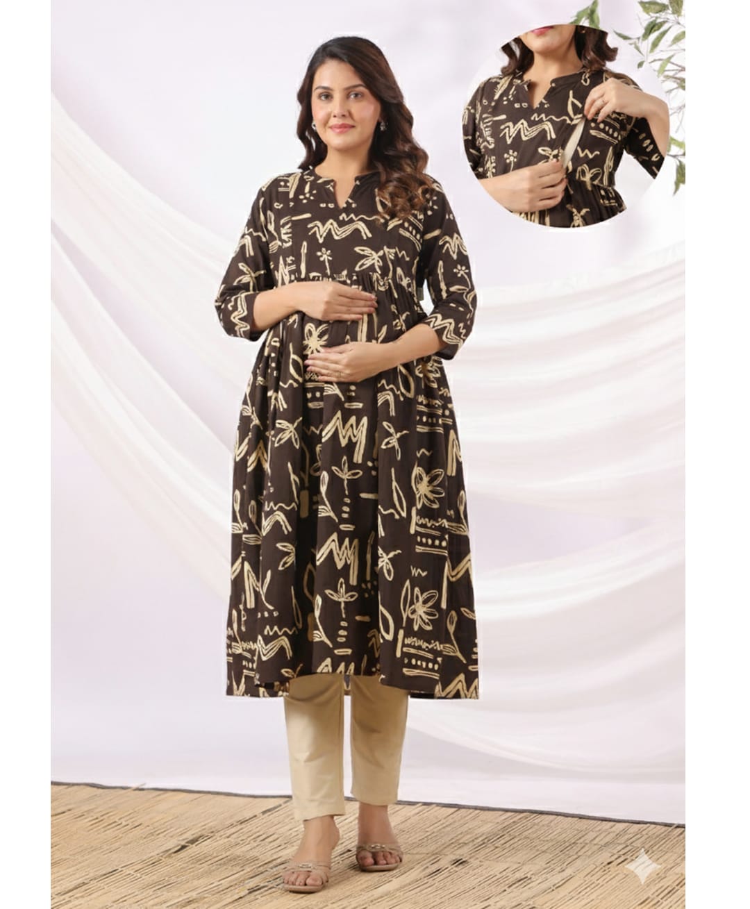 CRAFIQA Cotton Woven Three Fourth Sleeves Floral Printed Maternity Kurti With Side Zipper Nursing Access - Black-image-40