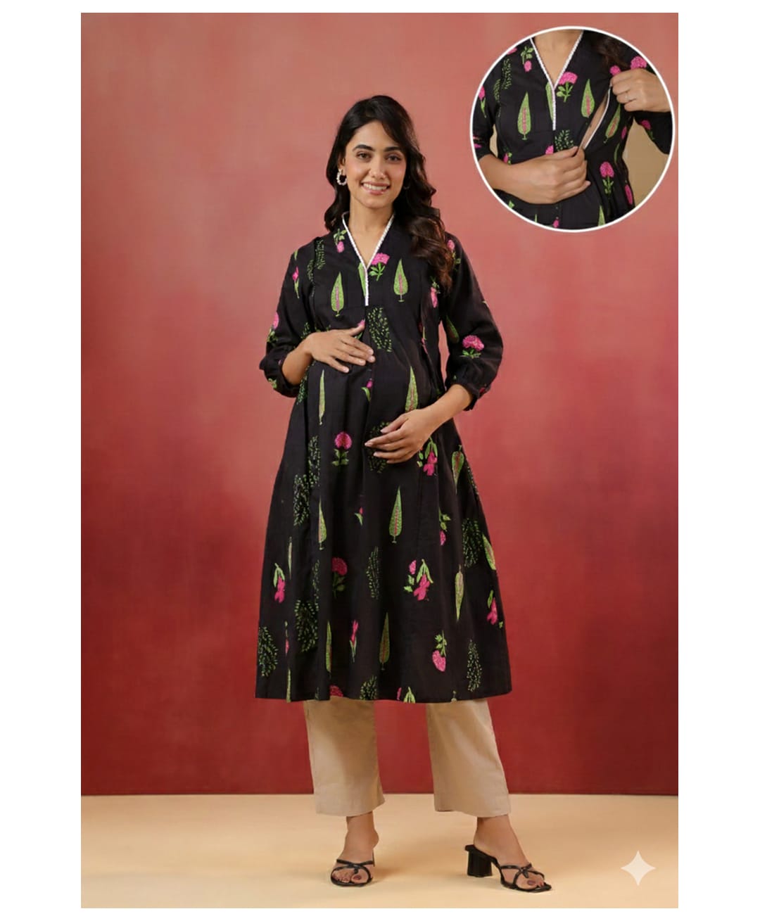 CRAFIQA Cotton Woven Three Fourth Sleeves Floral Printed Maternity Kurti With Side Nursing Access - Black-image-41