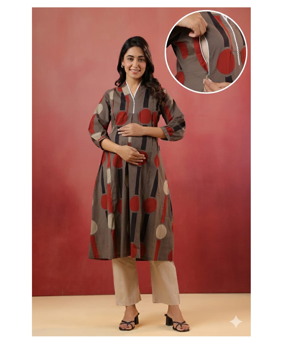 CCRAFIQA Cotton Woven Three Fourth Sleeves Geometric Printed Maternity Kurti With Side Nursing Access - Brown-image-28