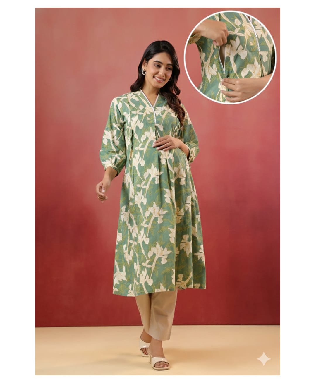 CRAFIQA Cotton Woven Three Fourth Sleeves Floral Printed Maternity Kurti With Side Nursing Access - Green-image-42