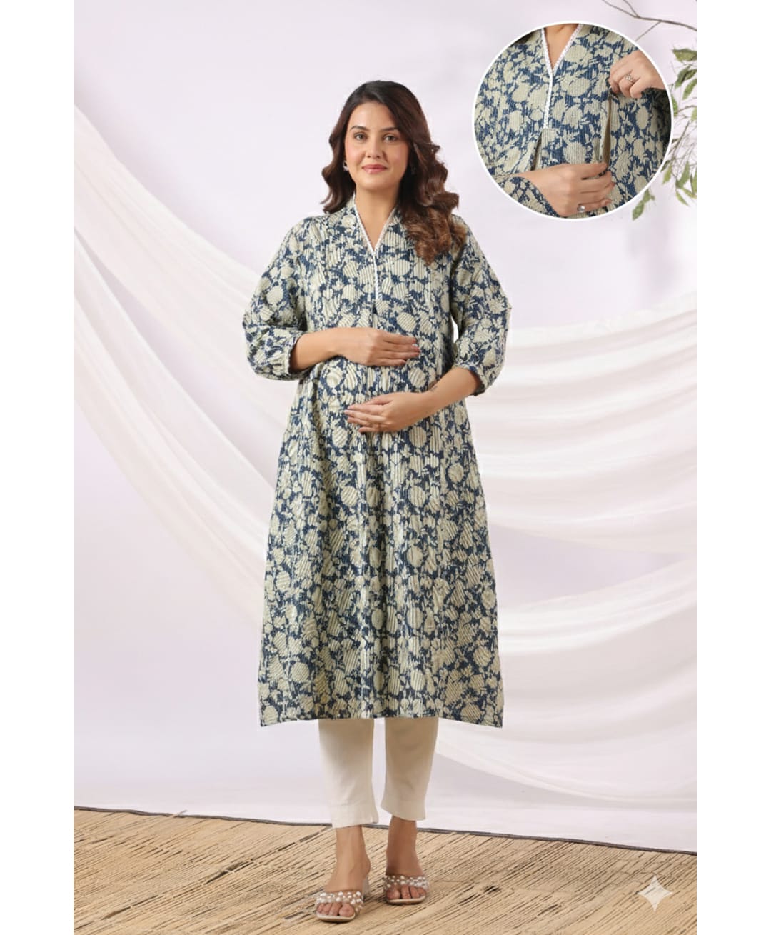CRAFIQA Cotton Woven Three Fourth Sleeves Floral Printed Maternity Kurti With Side Nursing Access - Indigo-image-44