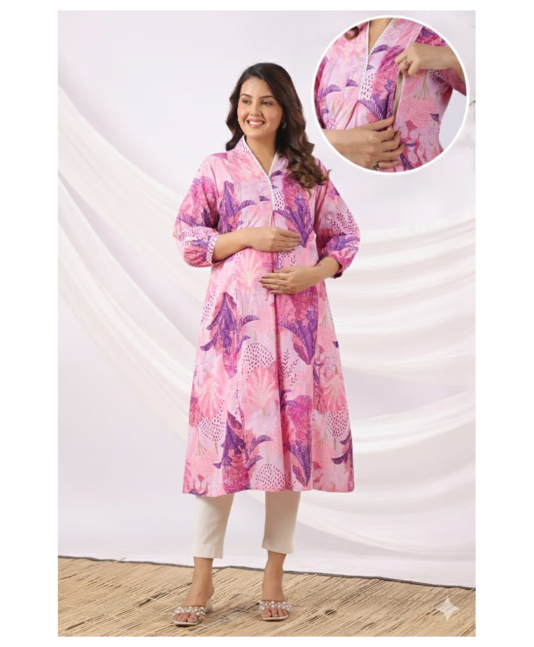 CRAFIQA Cotton Woven Three Fourth Sleeves Floral Printed Maternity Kurti With Side Zipper Access - Lavender-image-42