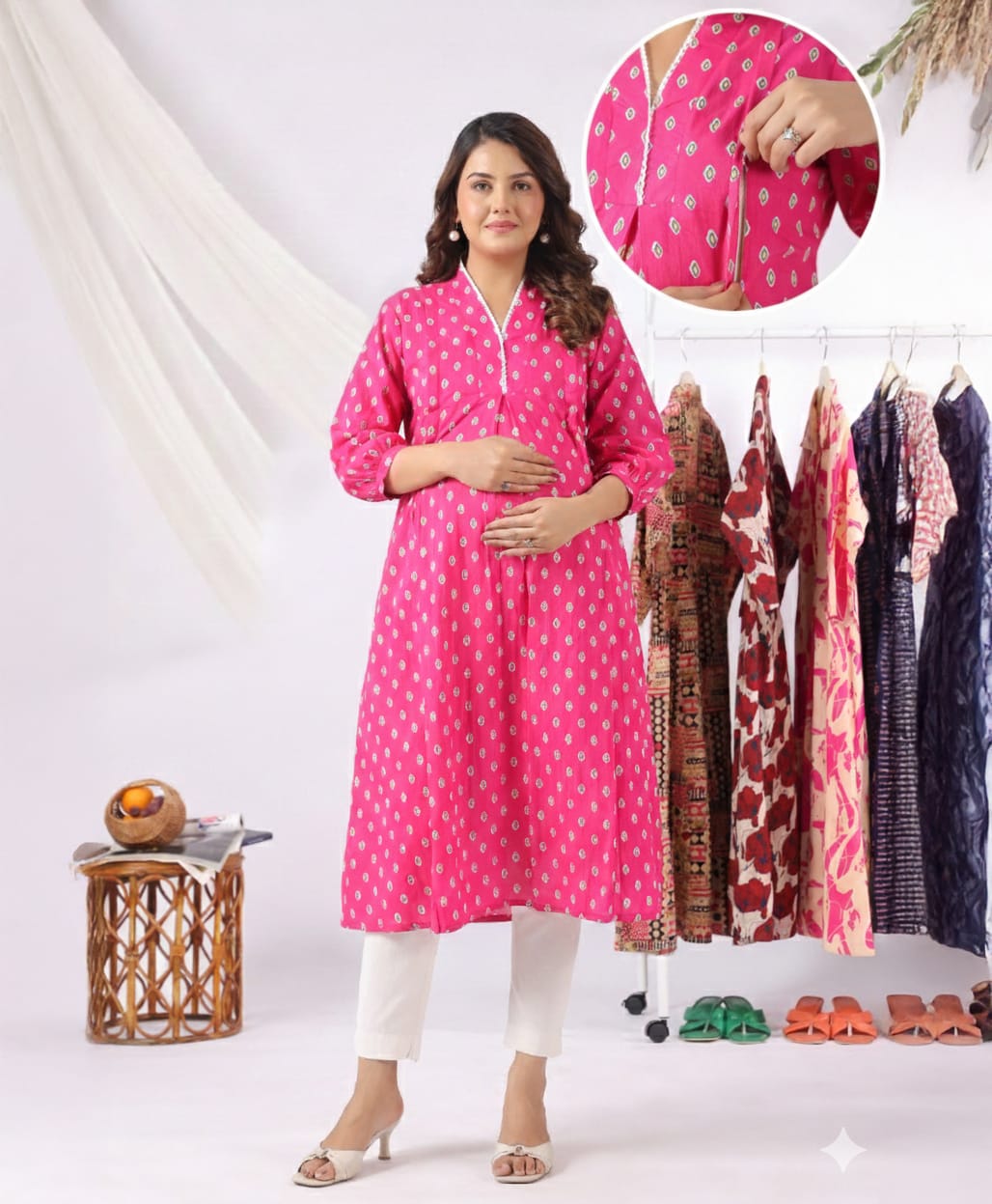 CRAFIQA Cotton Woven Three Fourth Sleeves Ethnic Printed Maternity Kurti With Side Zipper Nursing Access - Pink-image-45