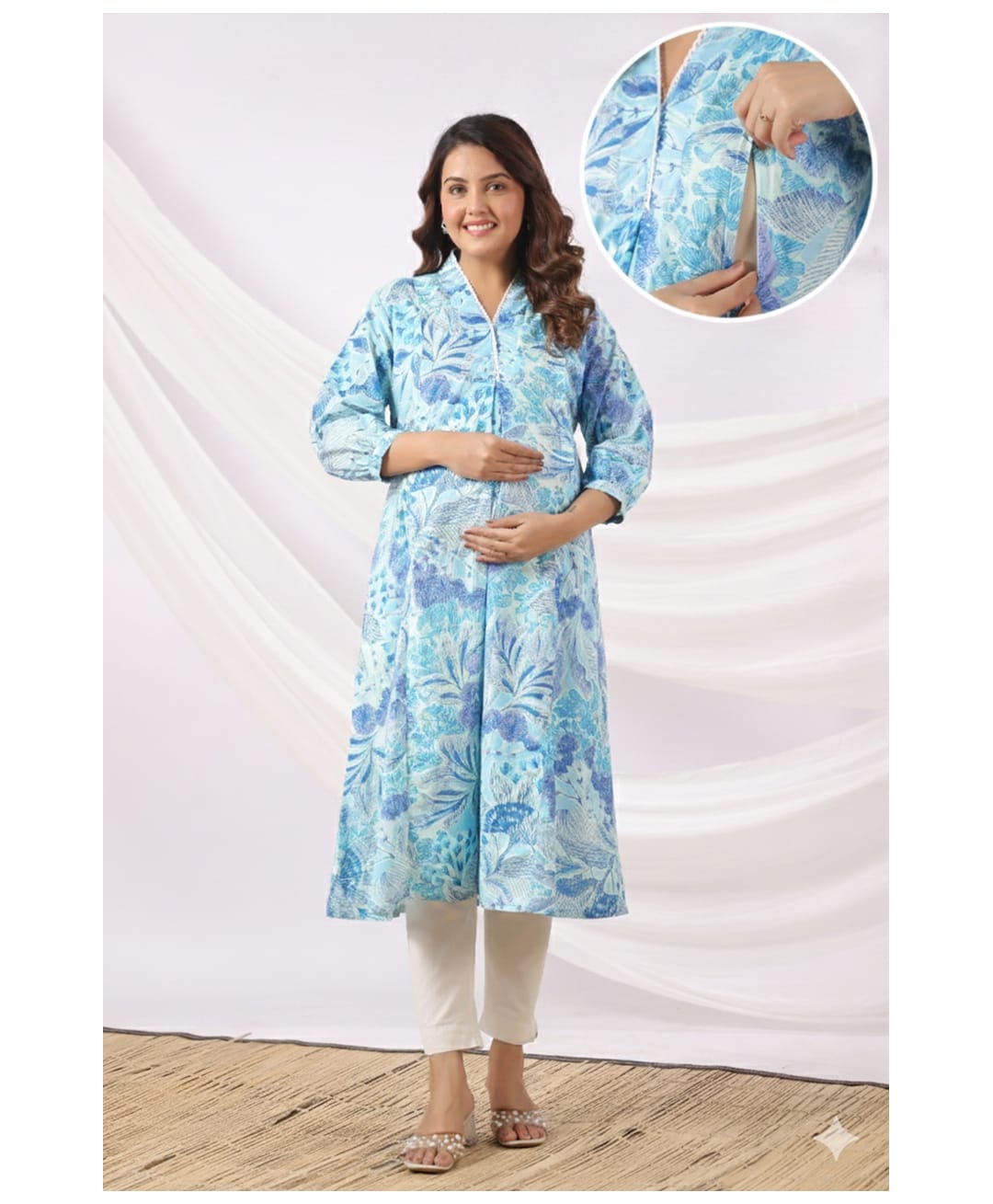 CRAFIQA Cotton Woven Three Fourth Sleeves Floral Printed Maternity Kurti With Side Zipper Nursing Access - Blue-image-38